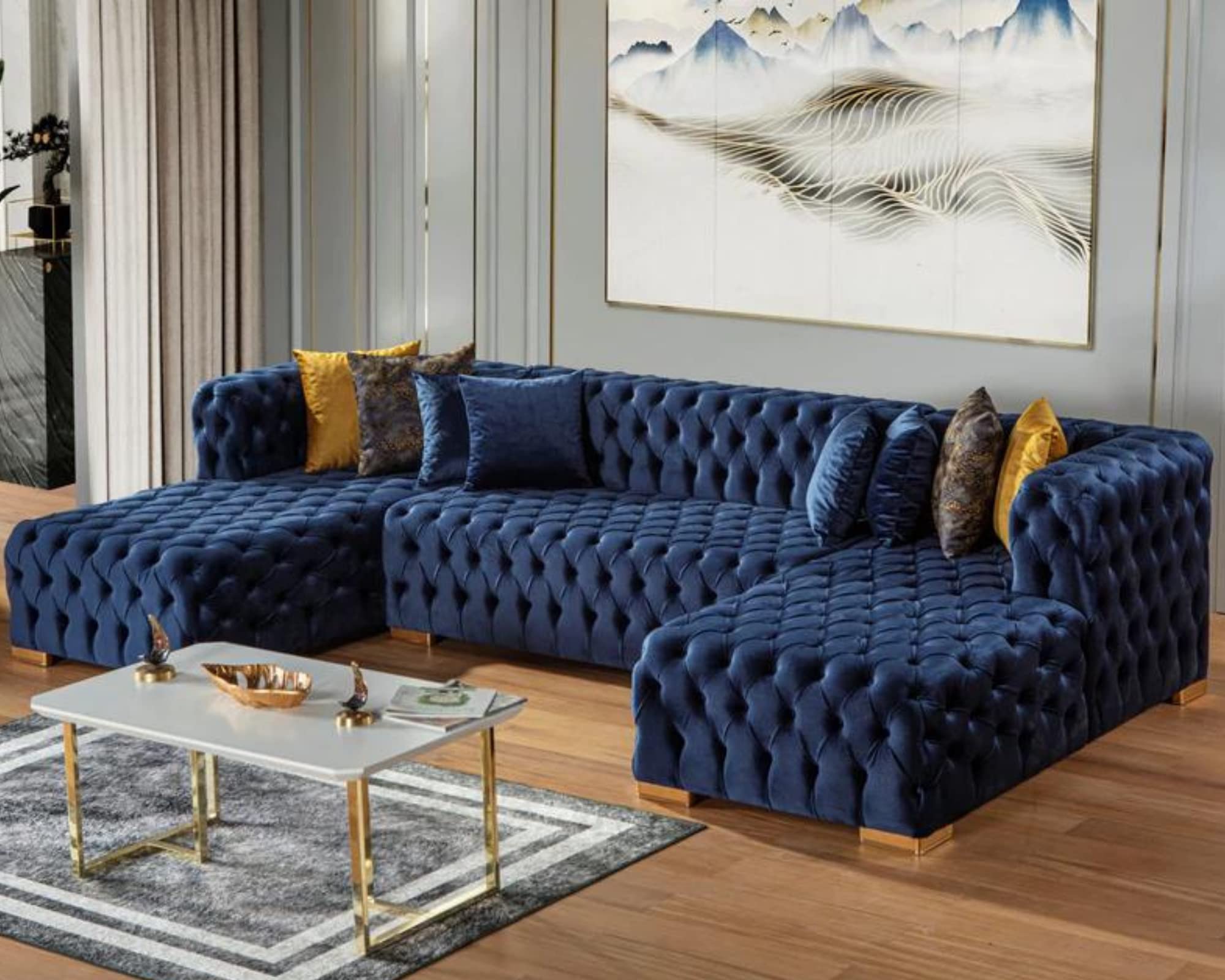 ASY Modern Velvet Double Chaise Sectional Sofa Couch for Living Room, Fully Tufted Firm & Deep 138'' Large Sofas Navy Blue Polo7 Polo