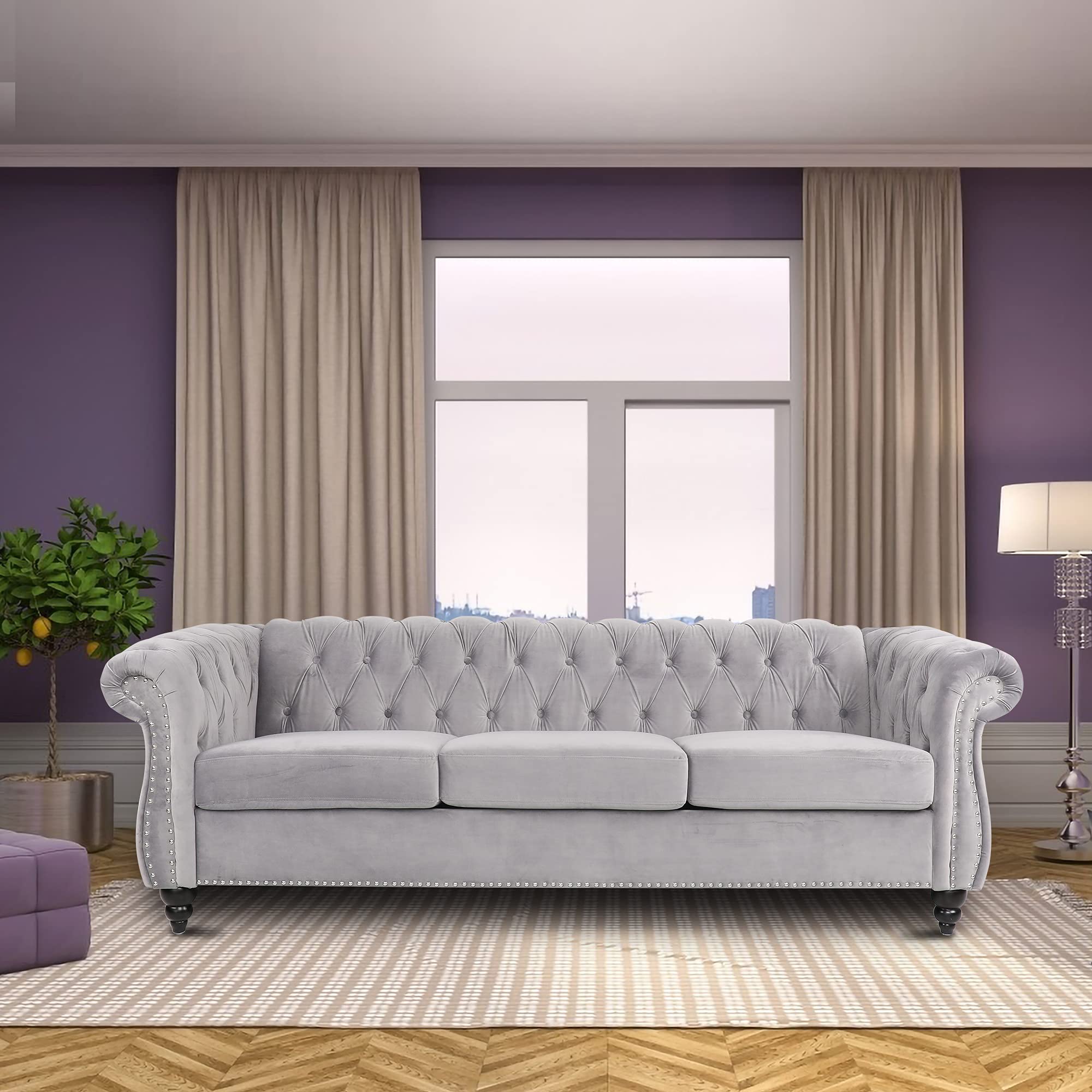 NOSGA Modern Contemporary Sofa Couch with Deep Button Tufting Dutch Velvet, Solid Wood Frame and Wood Legs (Gray)