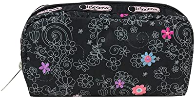 Le Petit Bouquet HAWAII EXCLUSIVE Rectangular Cosmetic Bag/Pouch Style 6511/Color K065, Classic Black Cosmetic Bag Colorful Embroidered Pink, Purple, White & Blue Flowers, Collector's Bag