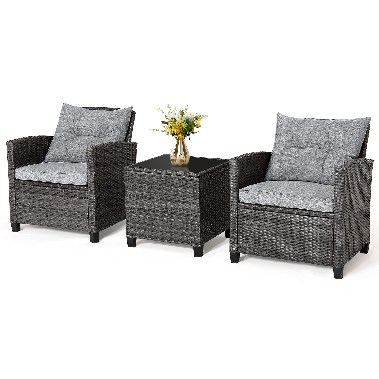 RELAX4LIFE Wicker Patio Furniture Sets - 3 Pieces Patio Rattan Sofa Set, Outdoor Conversation Set with Tempered Glass Tabletop, Heavy-Duty Steel Frame, Wicker Chair Set for Poolside, Backyard, Grey