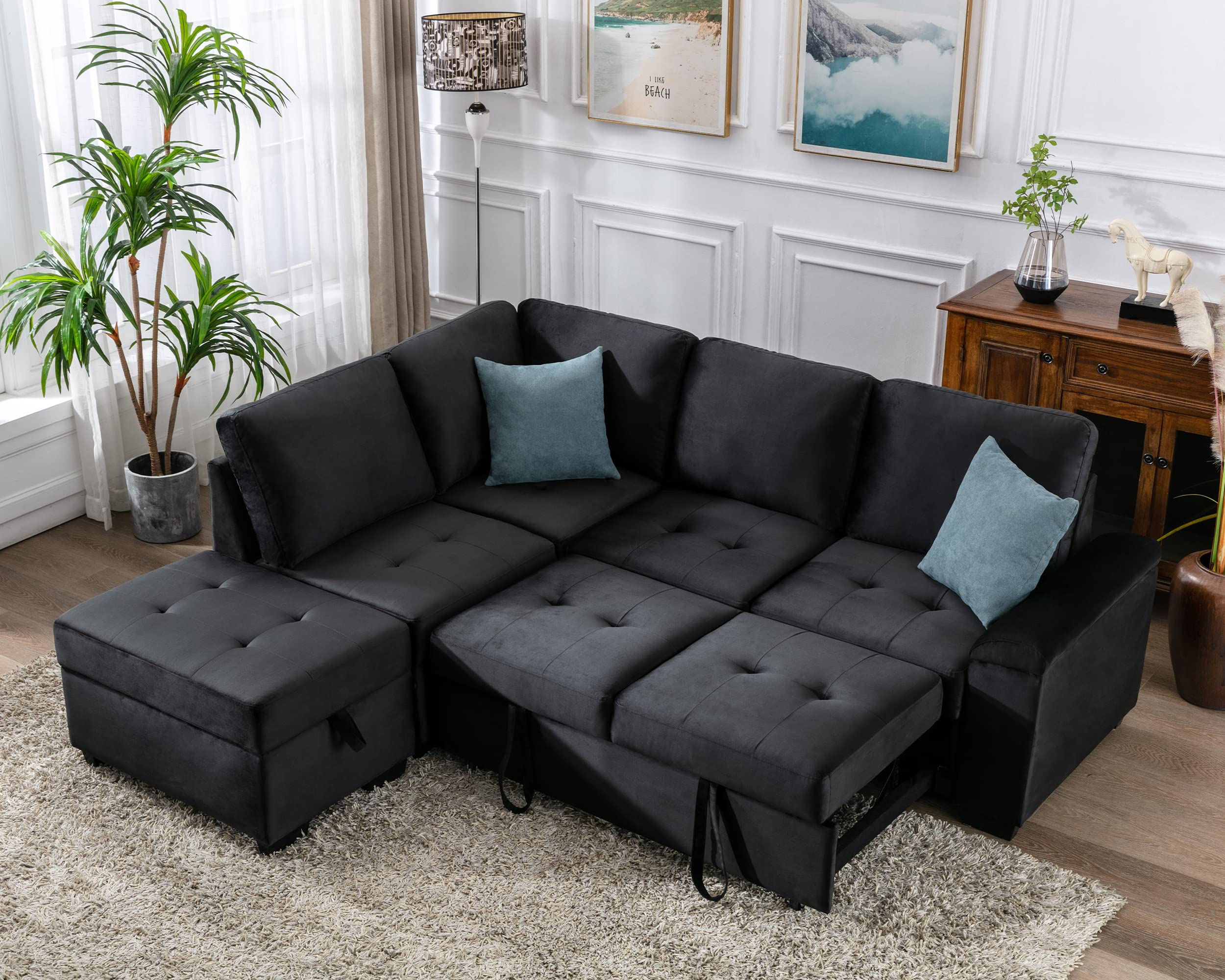 OYN Sleeper Sectional Sofa L-Shaped Corner Sofá with Pull Out Sleep Couch Bed,Movable Ottoman & Hidden Arm Storage for Home Apartment Living Room Furniture Sets, Black Velvet Sofa & Couch