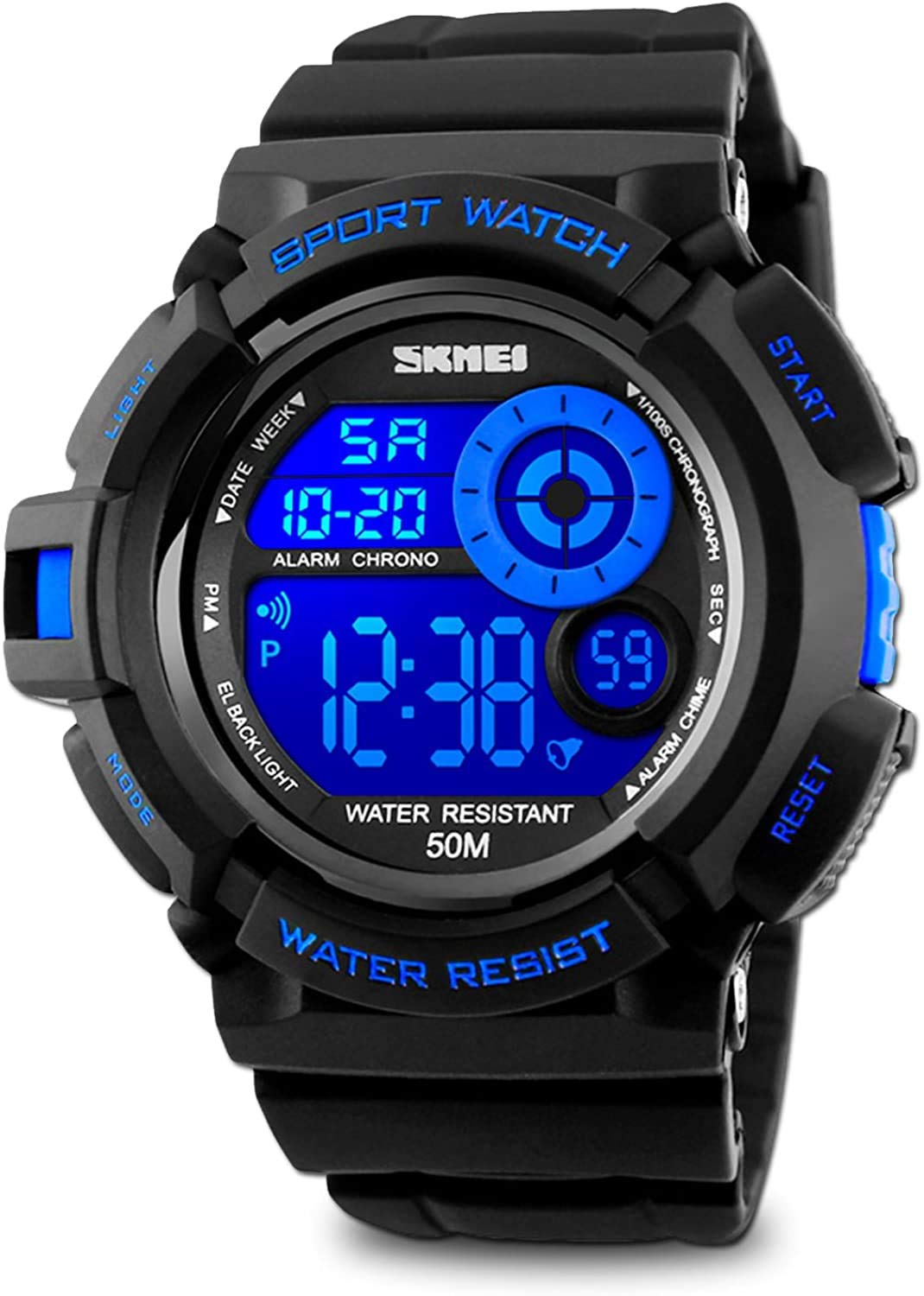 Mens Sport Running Watch, Digital Electronic 50M Waterproof Military Army Sports LED Wristwatch Water Resistant with Stopwatch Unique Dial 7 Color Changeable Backlight - Blue