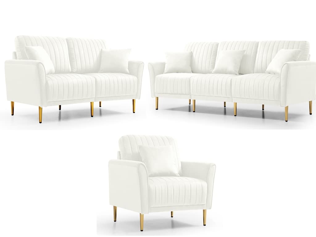3Pcs Living Room Furniture Sets Sectional Sofas for Living Room, Velvet Sectional Couches with Flared Arms, Gold Legs Loveseat with Throw Pillows, Including 3-Seater + Loveseat + Single Sofa White
