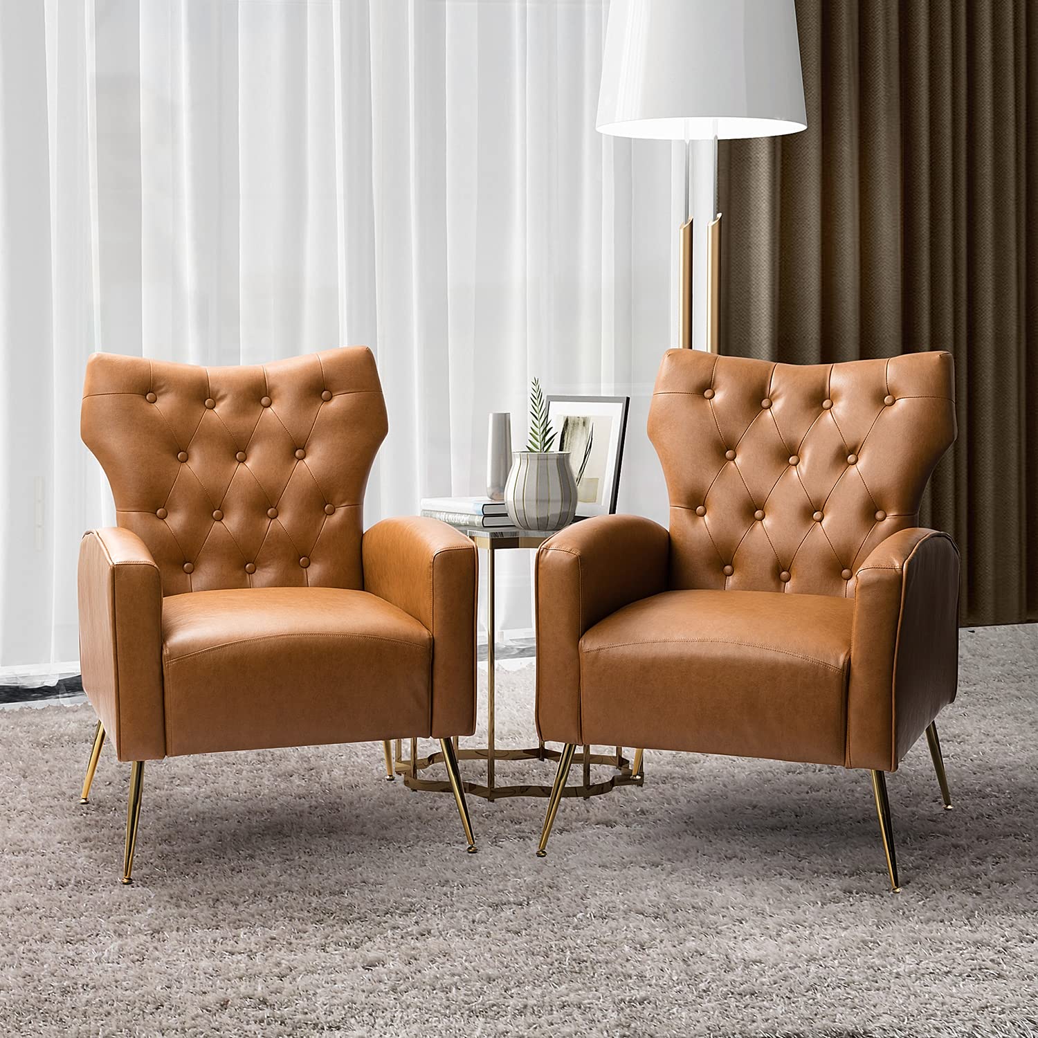 TINA'S HOME Modern Wingback Faux Leather Accent Chairs Set of 2, Button Tufted Comfy Armchairs with Gold Legs, Upholstered Sofa Chairs for Living Room Bedroom, Camel