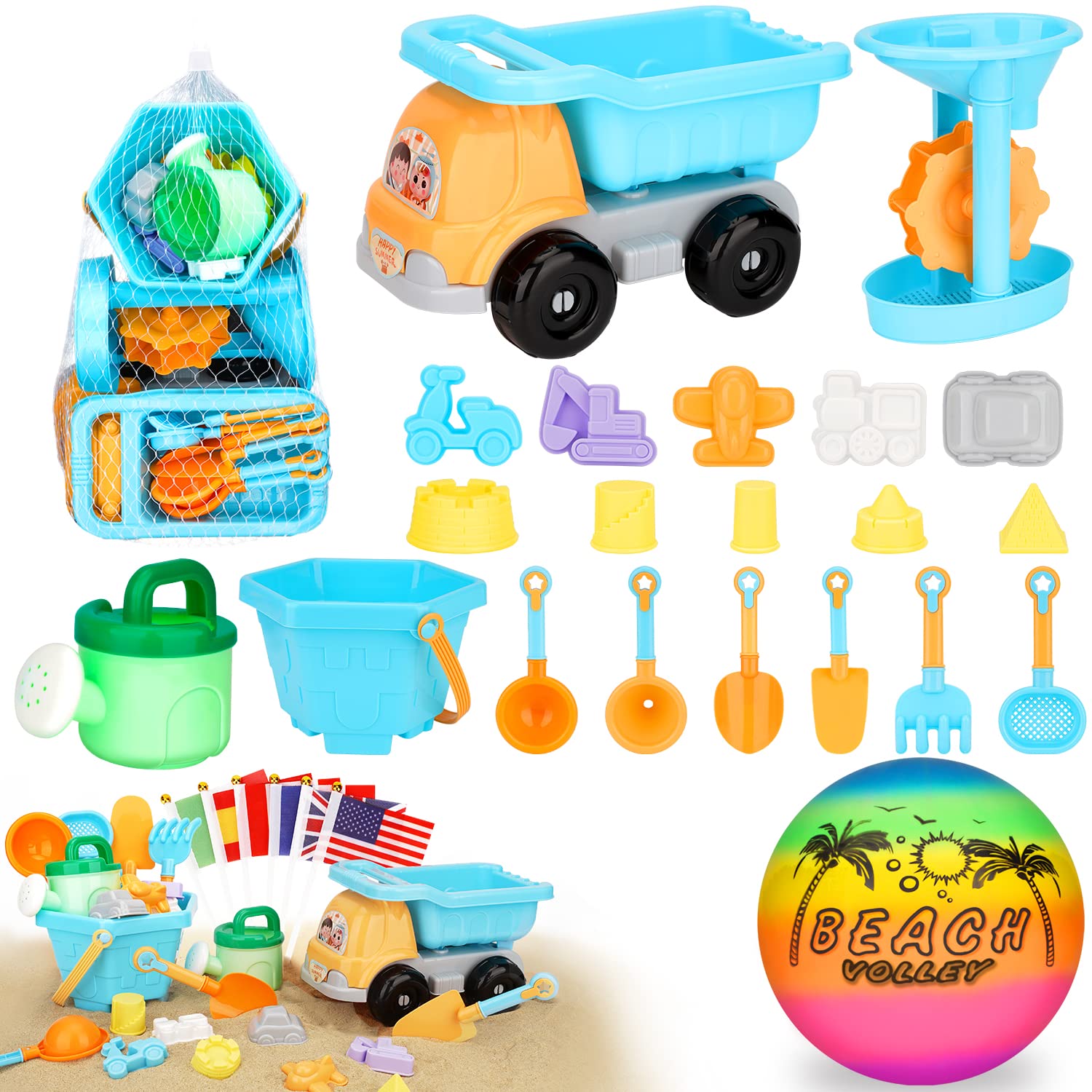 AstarX Sand Toys,30 Pcs Beach Toys for Kids,Beach Ball,Truck,Molds,Beach Tools,Mini Flags,Mesh Bag Include