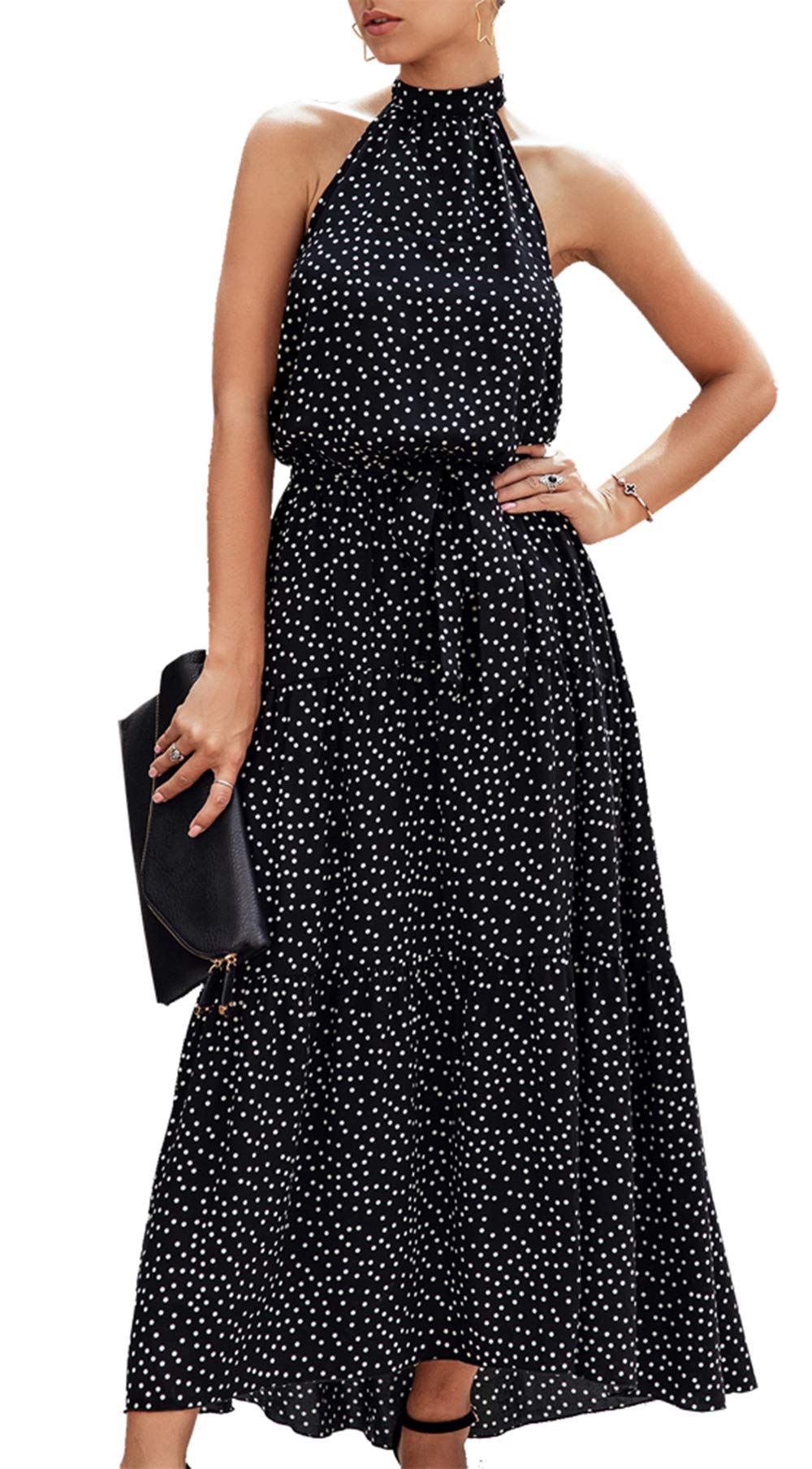 Women's Casual Halter Neck Sleeveless Floral Long Maxi Dress Backless Loose Ruffle Sundress with Belt