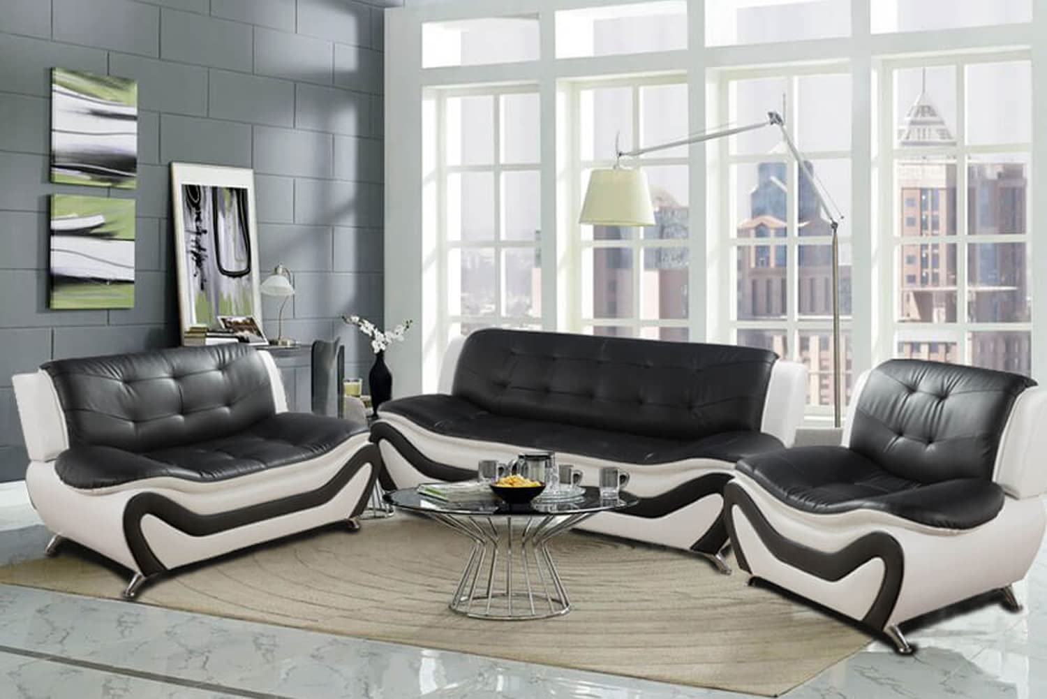 Living Room Sofa Set 3PCS, Faux Leather Modern Sofa + Loveseat + Chair Set, Black & White, F4501