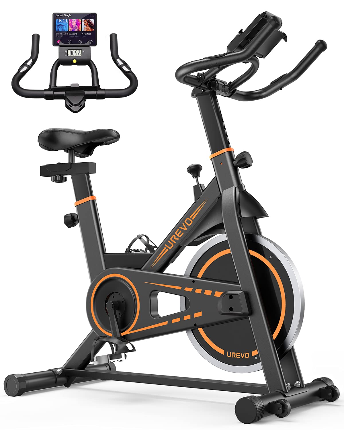 UREVO indoor Cycling Bike, Stationary Exercise Bike 350 lbs Weight Capacity，Ipad Mount, Comfortable Seat Cushion, Silent Belt Drive Cycle Bike for Home Workouts Gym