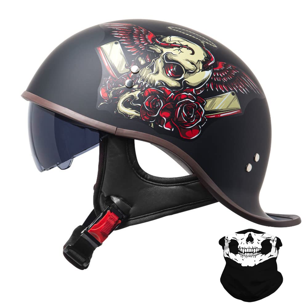 Vintage German Half Face Helmet, Motorcycle Retro Half Helmet DOT Approved Adult Men Women Open Face Helmet with Sun Visor for Scooter Moped Cruiser Chopper Motorbike M-XL,57~62cm
