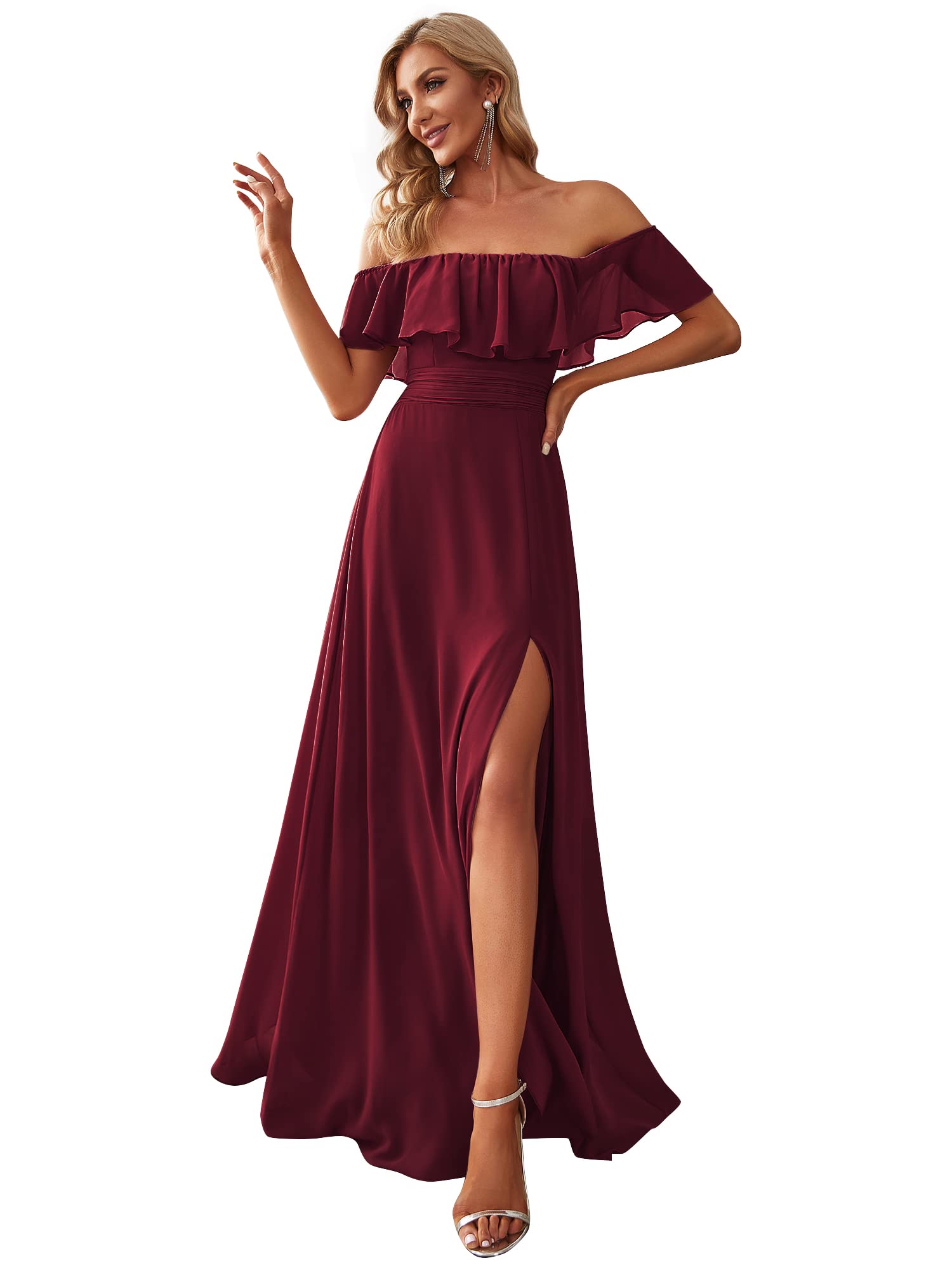 Womens Off The Shoulder Ruffle Party Dresses Side Split Beach Maxi Dress 07679