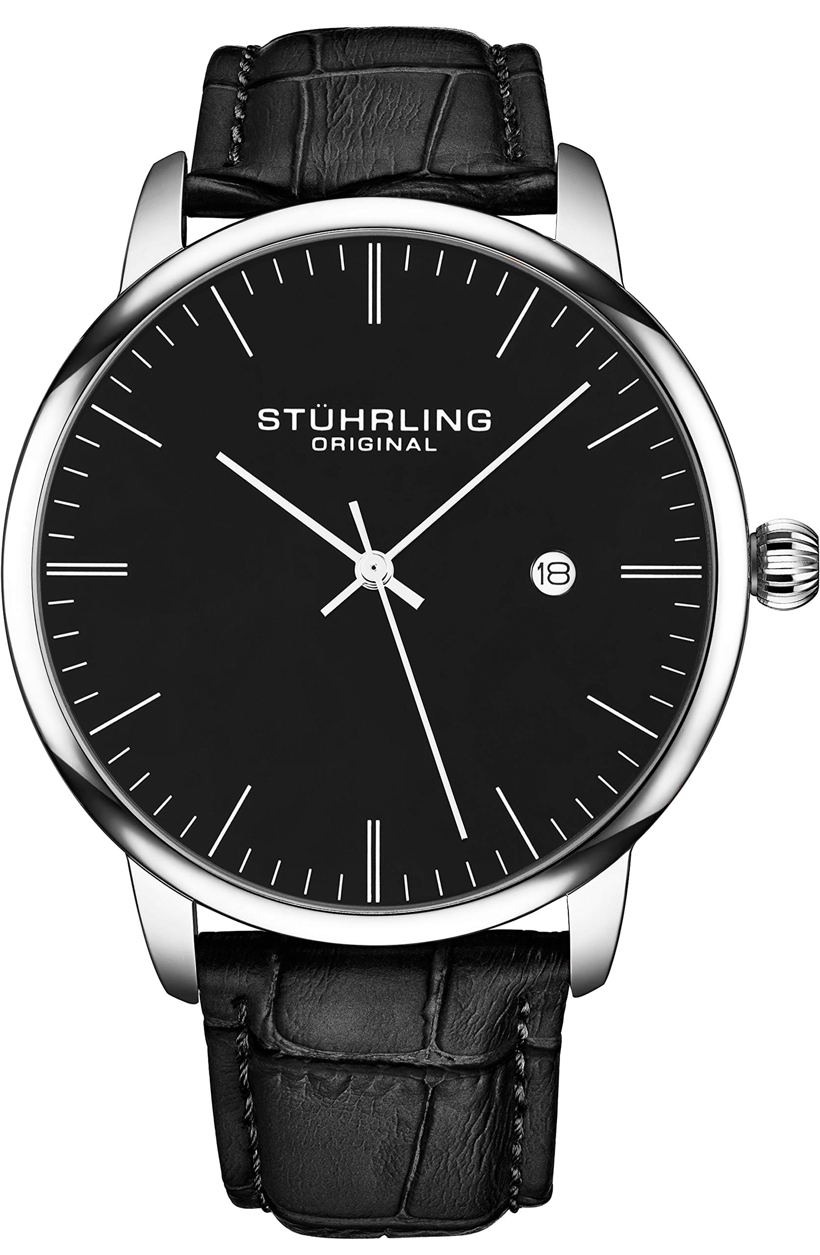 Mens Black Watch Calfskin Leather Strap Classic Dress Wrist Watch Minimalist Analog Watch Dial with Date Mens Black Watch