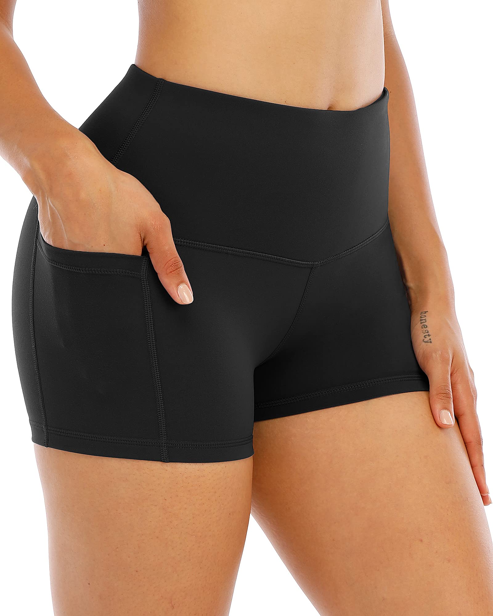 Spandex Yoga Shorts with Pockets for Women, High Waisted Workout Booty Shorts 3in