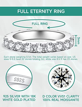          Moissanite Cottage Moissanite Anniversary Rings for Women, 2-2.3 Carat Round Cut Diamond 18K White Gold Plated 925 Sterling Silver Full Eternity Wedding Bands Stackable Ring        