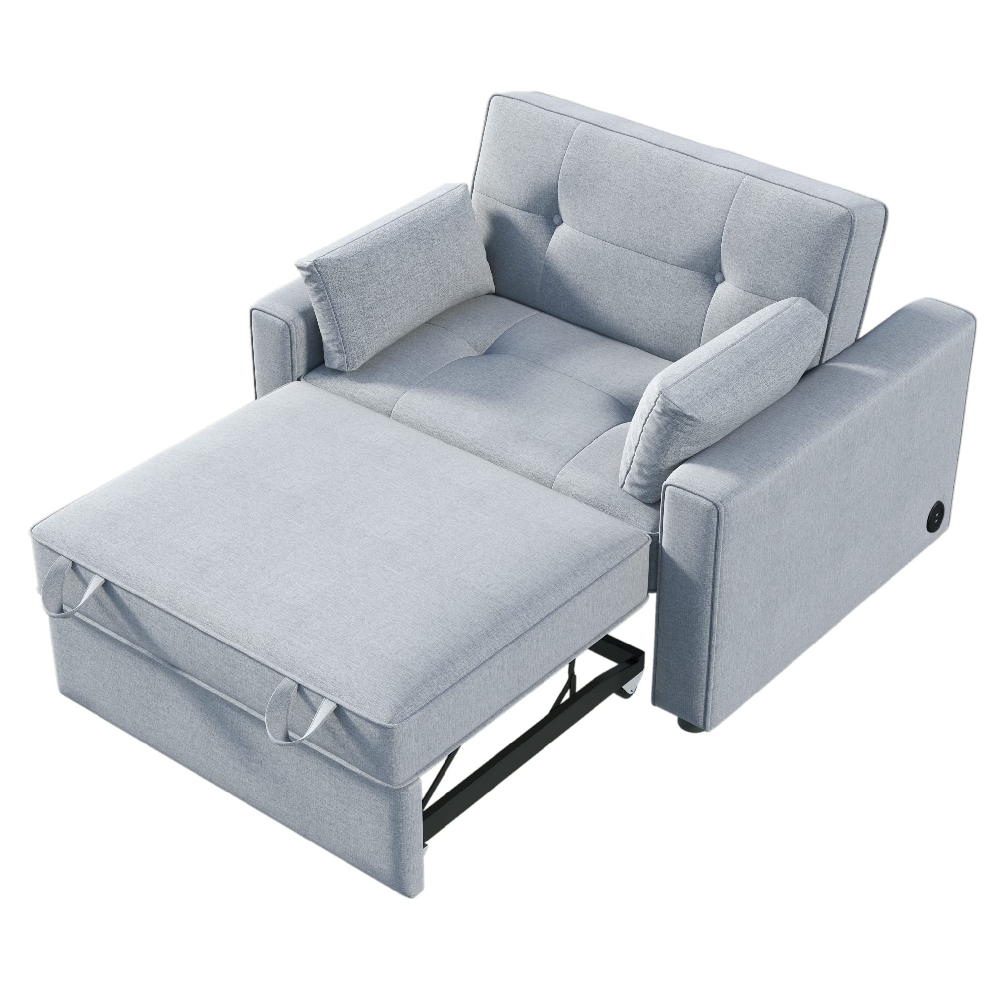 ODC 3 in 1 Convertible Sleeper, Modern Linen Fabric Loveseat Futon Couch w/Pullout Bed, Small Love Seat Lounge Sofa w/USB Port, Toss Pillows, Pockets, Furniture for Living Room, Gray