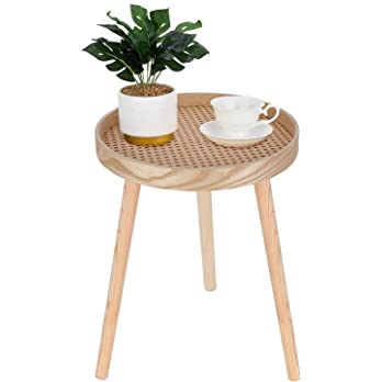          Small Side Table, Rattan Nightstand, Round End Table, Boho Bedside Table, Accent Table, Mid-Century Modern Bed Side Table, End Tables for Living Room Bedroom Office Balcony(Natural Walnut)   