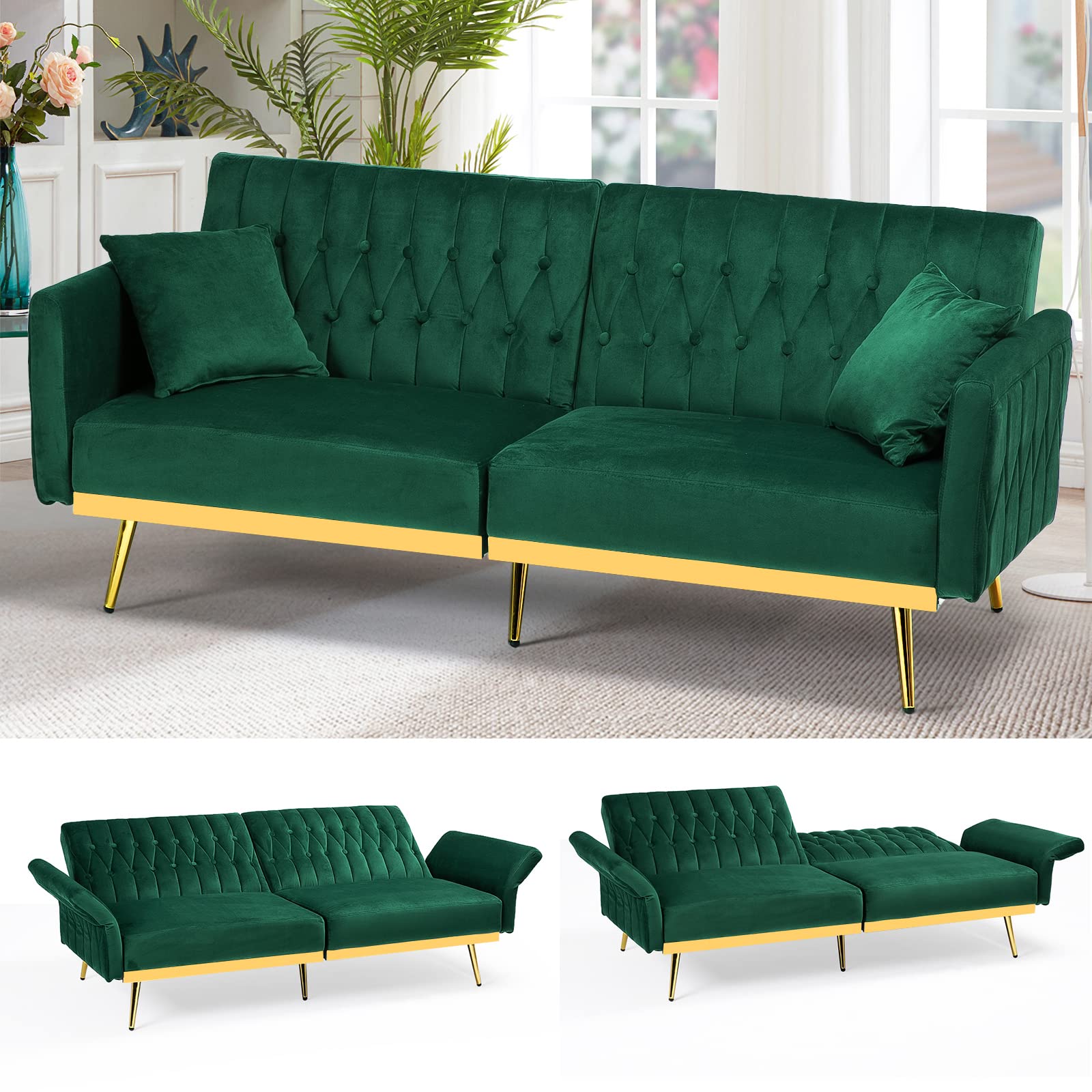ACMEASE 70” Velvet Futon Sofa Bed w/Adjustable Backrests and Armrests, Convertible Futon Couch with Two Pillows, Modern Tufted Sleeper Bed for Living Room, Bedroom,Green