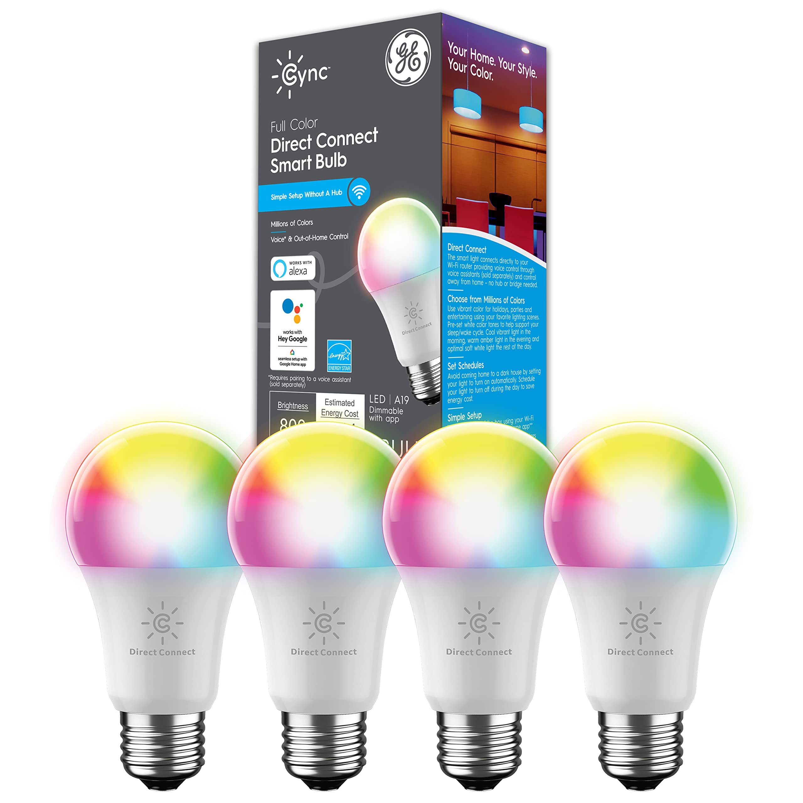 GE CYNC Smart LED Light Bulbs, Full Color, Bluetooth and Wi-Fi Enabled, Alexa and Google Home Compatible (Pack of 4)