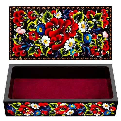 UA Creations Petrykiv Ethnic Rectangular Lacquer Wooden Jewelry Box with Lid, Hand Painted Flowers on Black, Beautiful Floral Design Gift for Girls and Women (red and yellow)