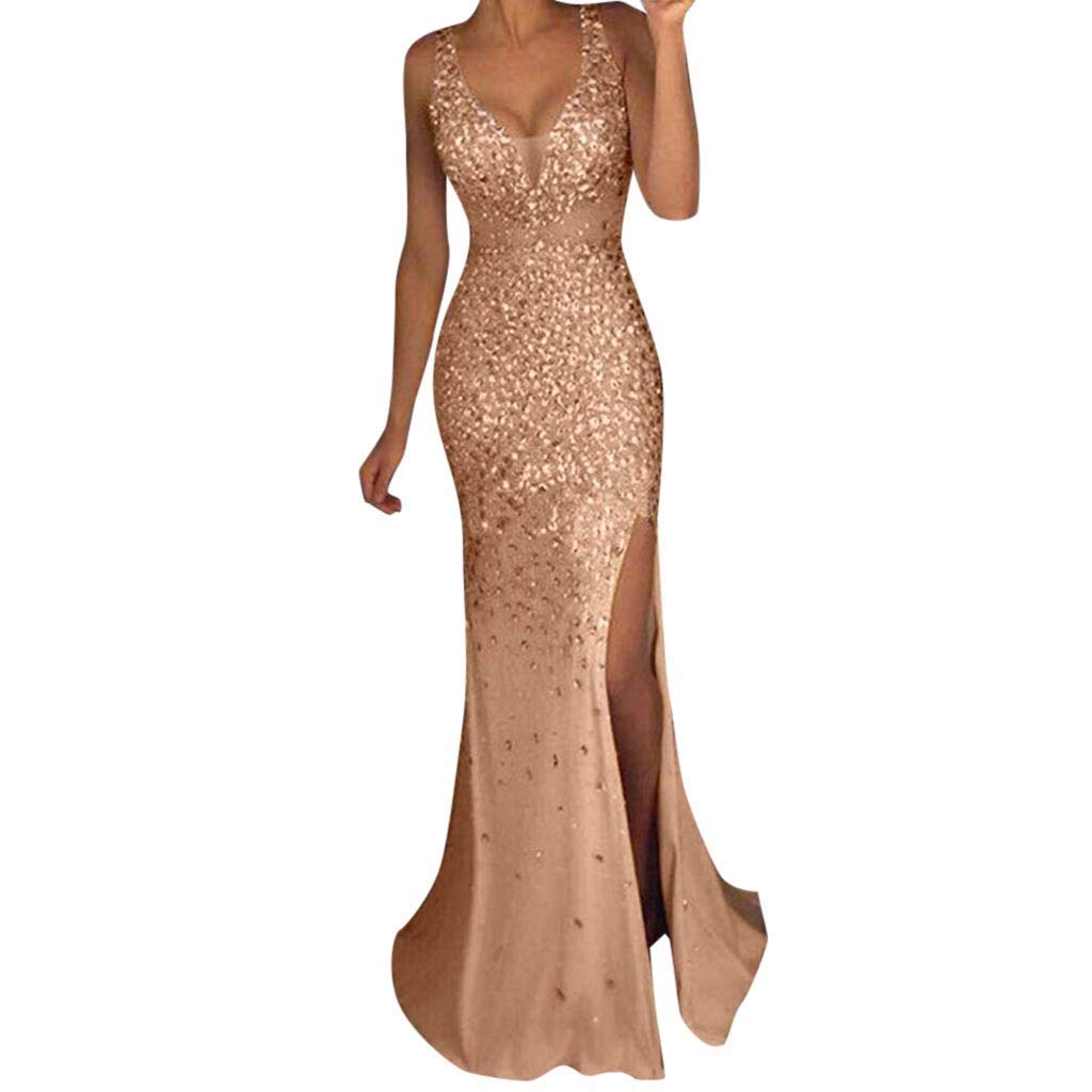 Evening Dress for Women Party Elegant Bodycon Split Maxi Dresses Ladies Gold Sequined Formal Occasion Dress