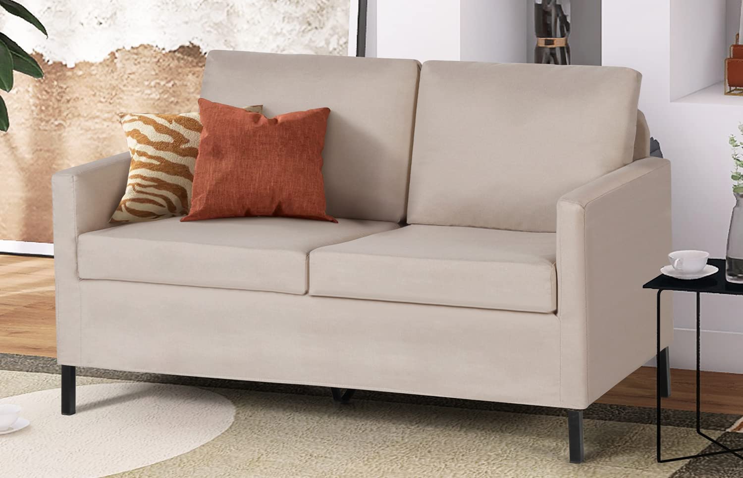 TYBOATLE 51" W Fabric Modern Small Loveseat Sofa Couch, Upholstered Comfy Love Seats 2-Seater Furniture w/Iron Legs for Compact Small Space, Living Room, Apartment, Bedroom, Dorm, Office (Beige)