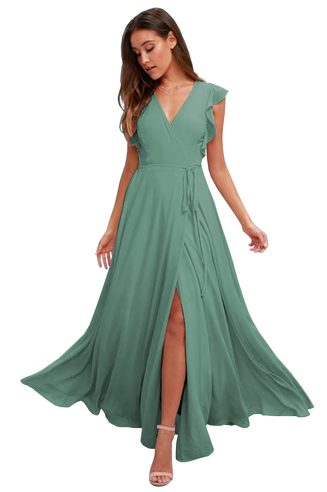 Wrap Bridesmaid Dresses with Ruffle Sleeves for Women A-Line Chiffon Formal Long Prom Dress