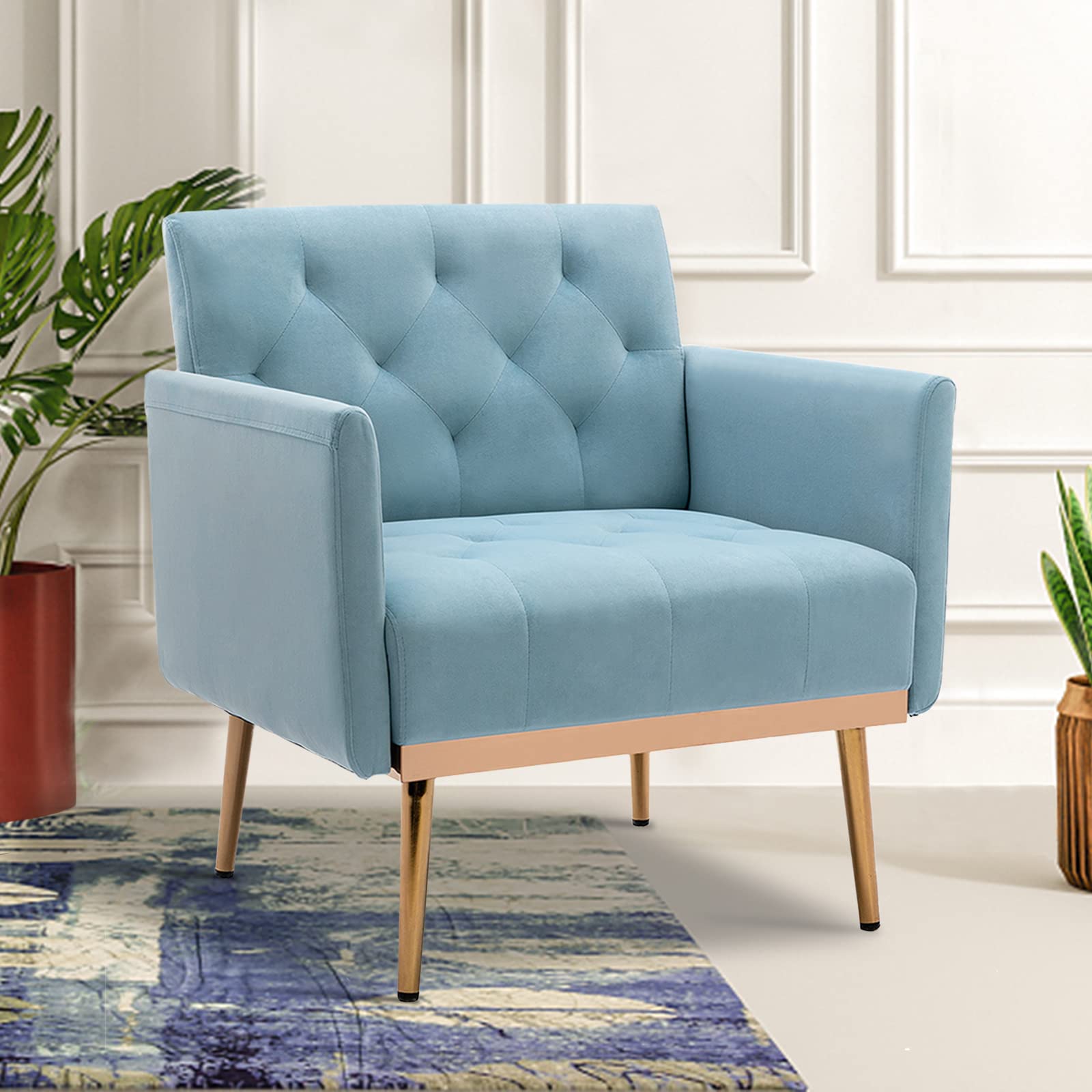 KIVENJAJA Velvet Accent Chair, Modern Comfy Tufted Upholstered Armchair for Living Room & Bedroom, Reading Arm Chair Single Sofa with Rose Gold Metal Legs, Blue