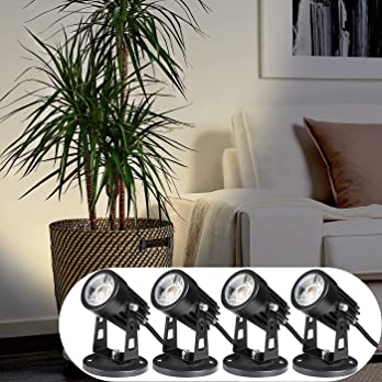          SUNVIE 4 Pack LED Spotlight Indoor for Plants Up Lights 120V Floor Spot lights Warm White Accent Lights for Indoor Statue Decor Uplighting, 5.9 FT Cord with Floor Foot Switch (Base and Stake 