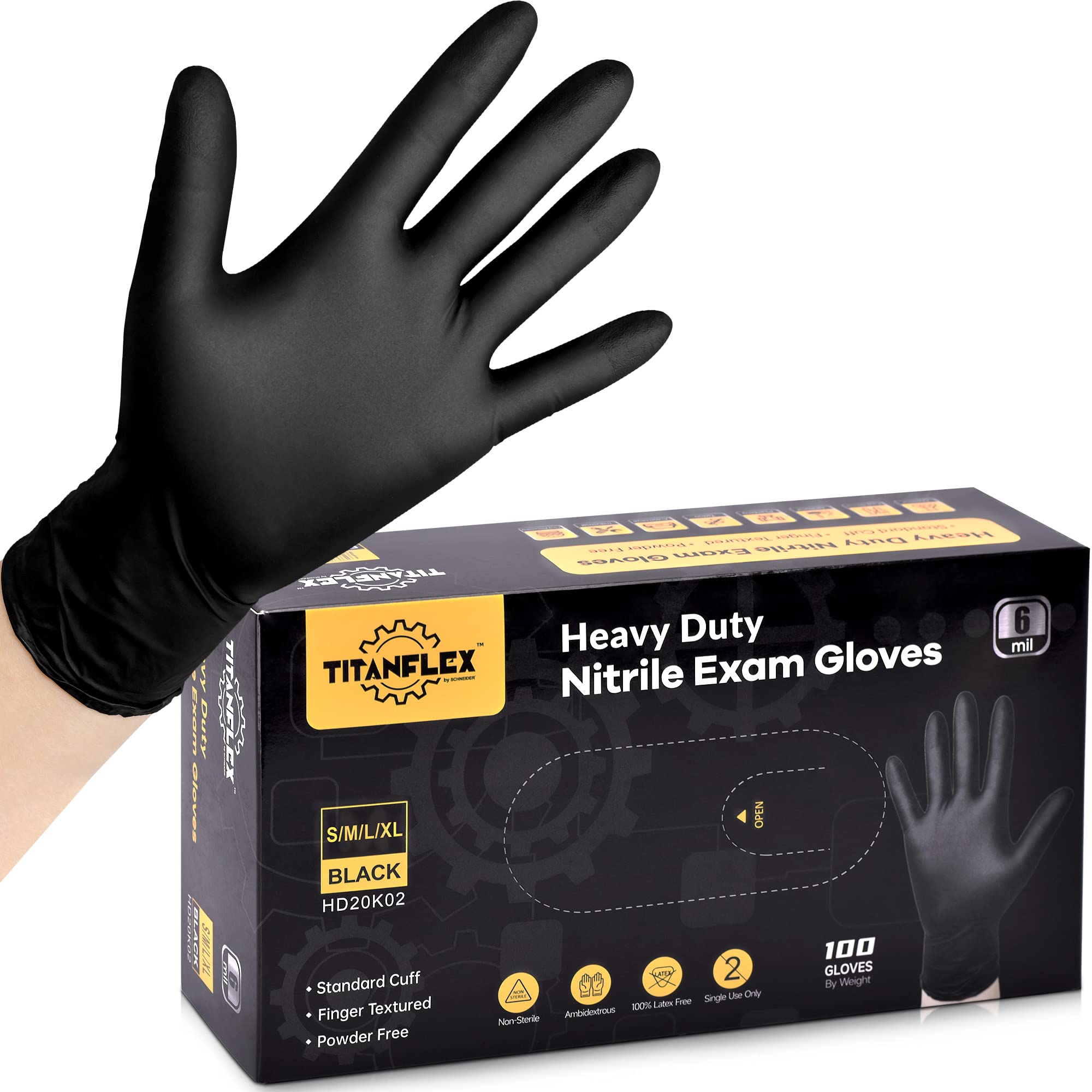 TITANflex Disposable Nitrile Exam Gloves, 6-mil, Black, Heavy Duty Disposable Gloves, Cooking Gloves, Latex Free, Powder Free