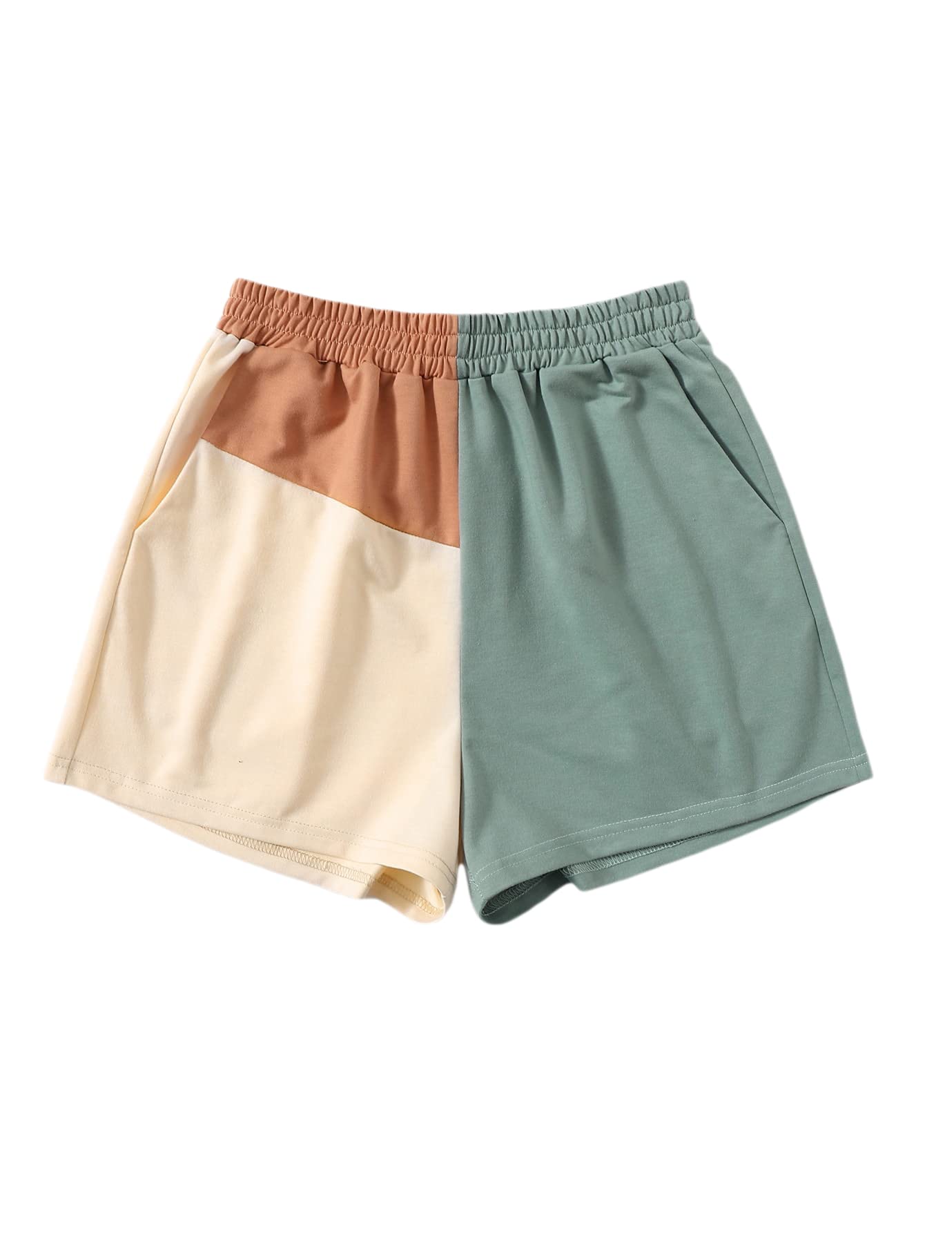 Women's Casual Elastic Shorts Running High Waisted Color Block Sweat Shorts with Pockets