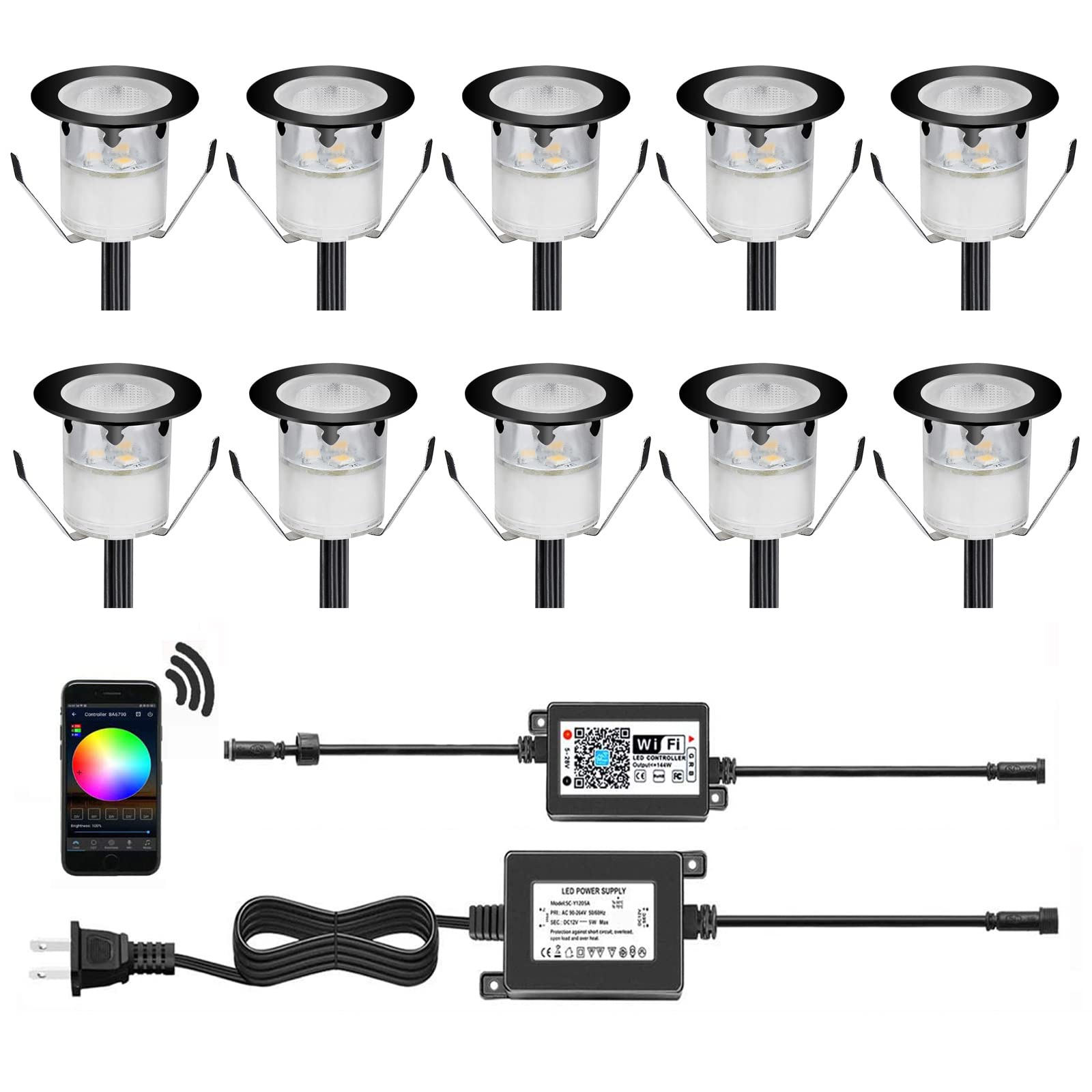 QACA WIFI Controlled LED Deck Lights Multi Color RGB Outdoor IP67 Waterproof Φ1.18"Low Voltage Step Lights In-Ground Lights,Smart Phone APP Controlled,Compatible with Alexa Echo and Google Home(10Pcs)