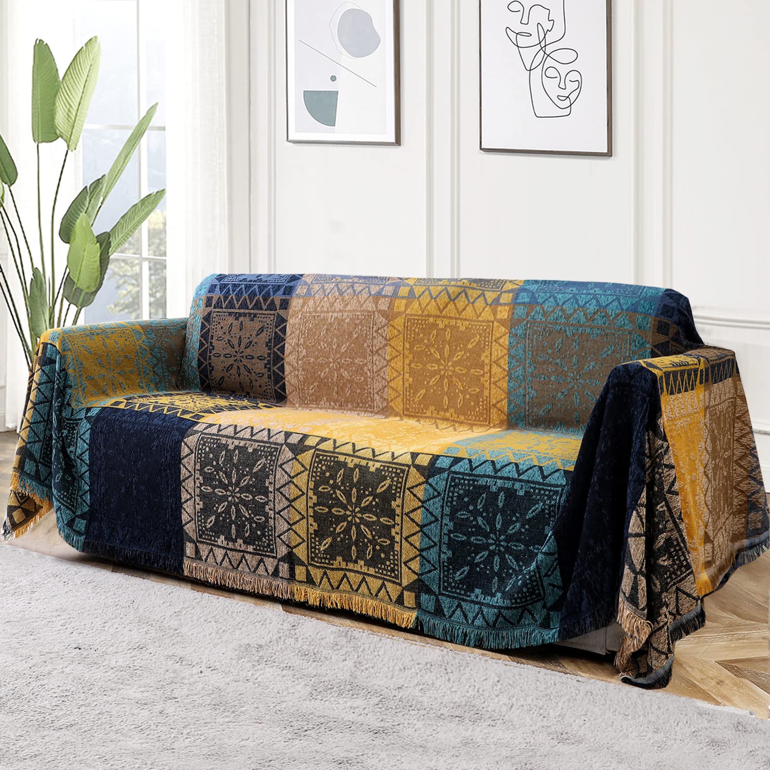 Turquoize Boho Couch Cover Bohemian Cotton Sofa Cover Sofa Throw Cover for Couches Washable Sectional Sofa Couch Covers For Dogs Feature Hippie Chenille Jacquard Fabric (71"x 118",X-Large,Yellow Navy)