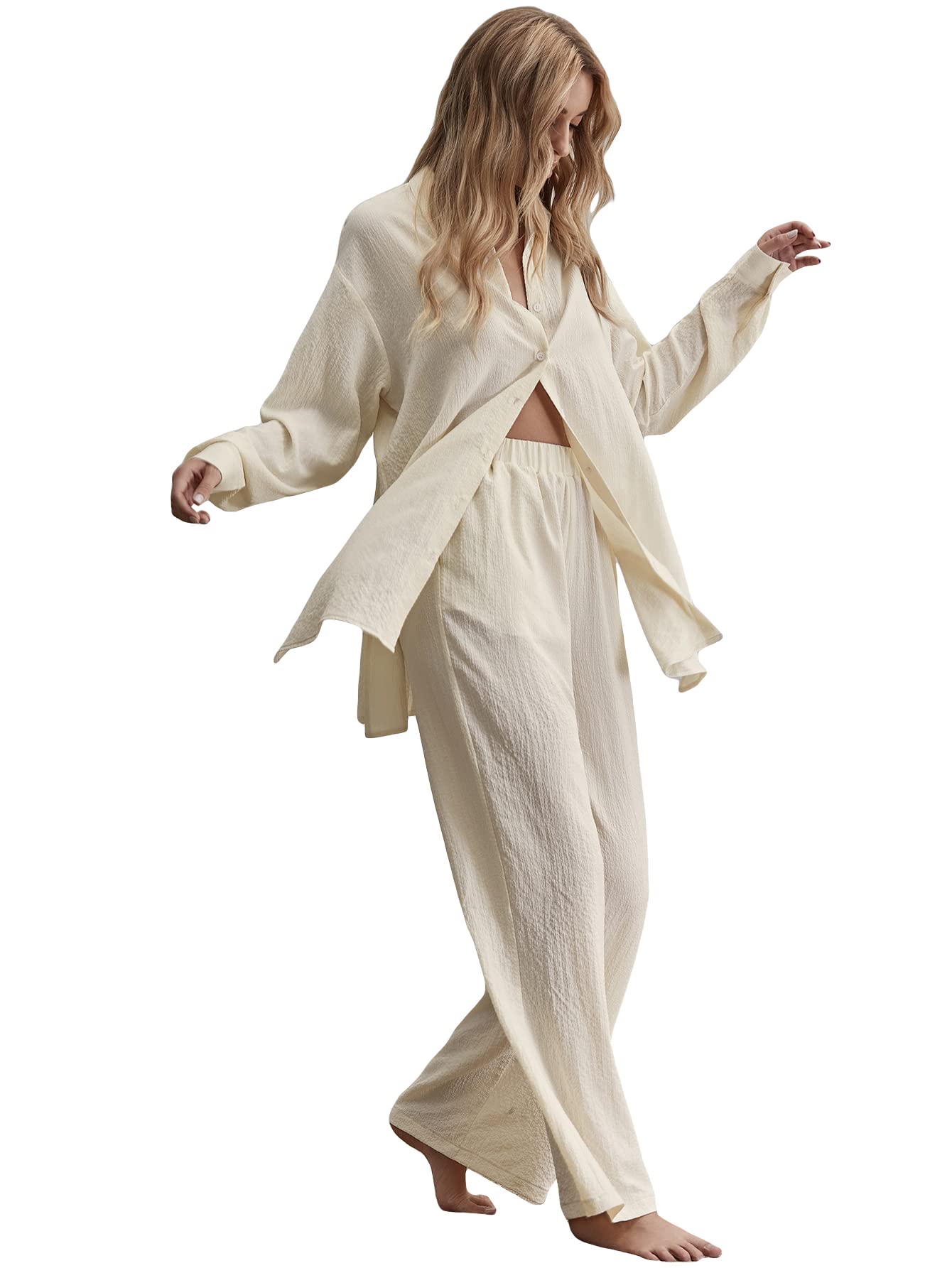 Women's 2 Piece Outfits Slit Hem Longline Blouse and Wide Leg Pants Set