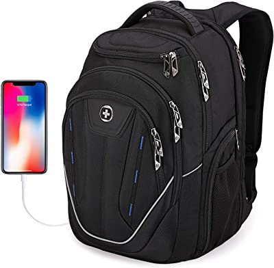 Swissdigital Terabyte TSA-Friendly Water-Resistant Large Backpack, Business Laptop Backpack for Men with USB Charging Port/RFID Protection Big School Bookbag Fits up to 15.6" Travel Laptop Backpack