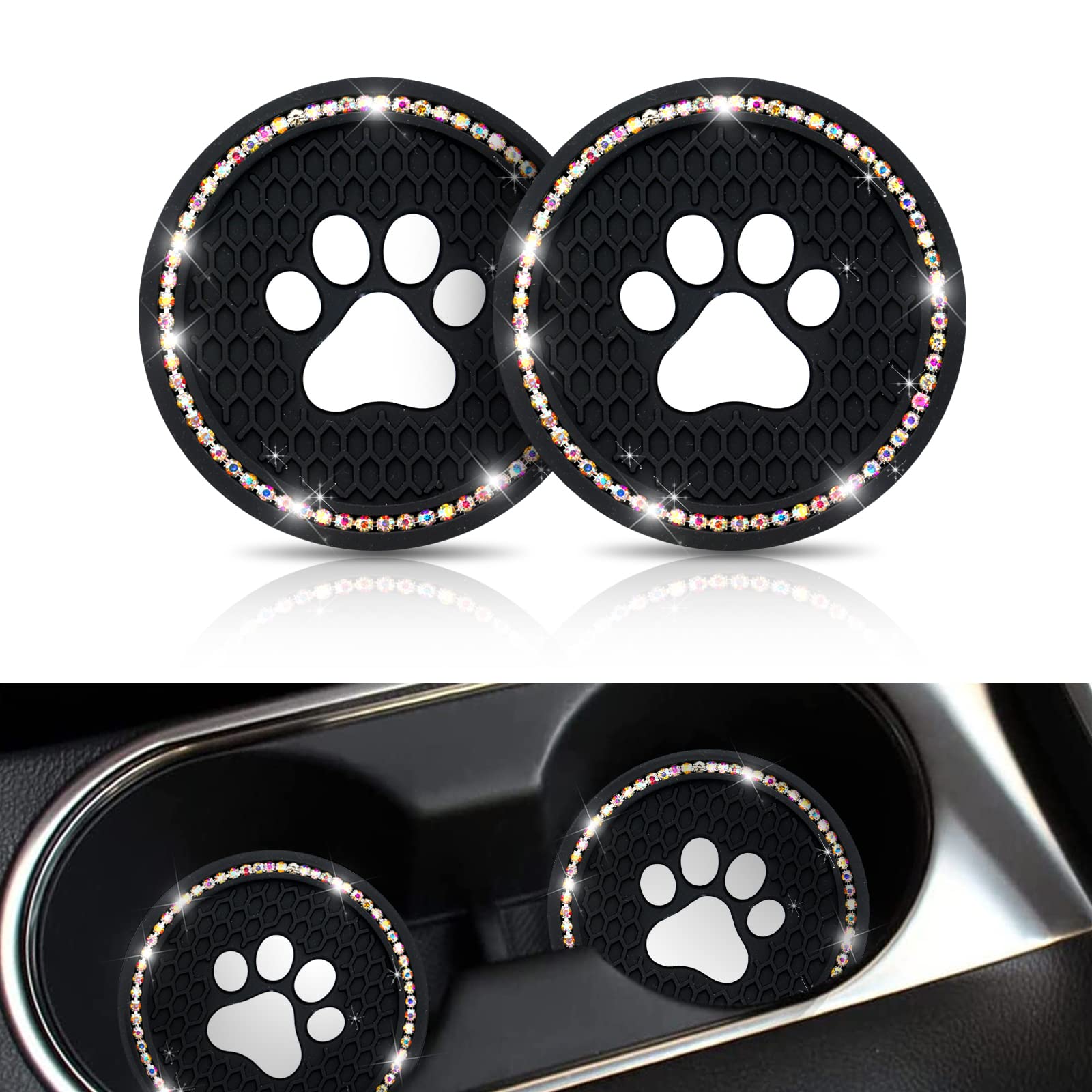 cueclue 2 PCS Bling Car Cup Holder Coasters, 2.75 inch Silicone Anti Slip Coaster, Dog Paw Pattern Cup Holder Insert Drink Coaster, Fits for Most Car Rhinestone Interior Coaster (Black & Multicolour)