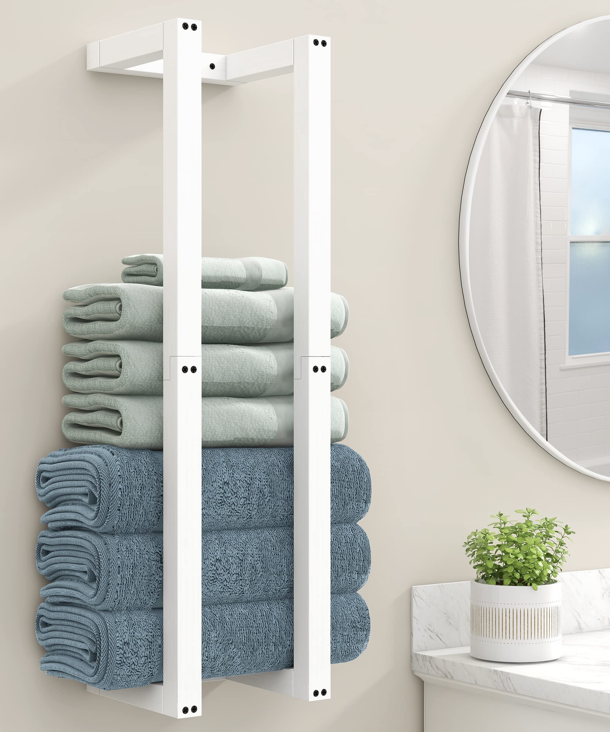 Sonefreiy Bathroom Wall Towel Racks for Rolled Towels, Solid Wooden White Towel Holder, Wall Towel Organizer Rustic Bathroom Towel Storage for Shower Towel, Bath Towels, Beach Towels