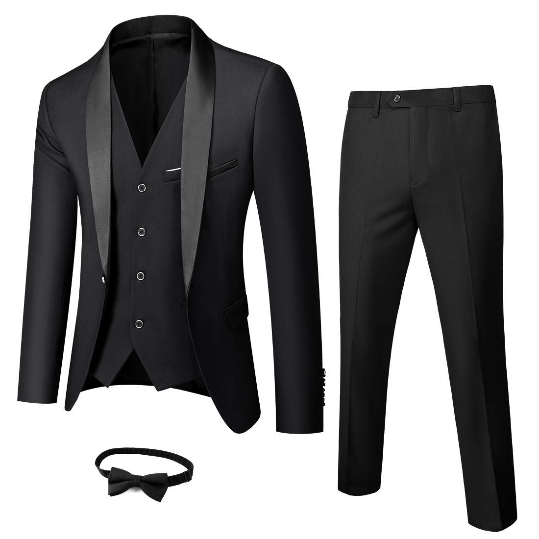 MY'S Mens 3-Piece Suit Shawl Lapel One Button Tuxedo Winter Fabric Slim Fit Premium Dinner Jacket Vest Pants & Tie Set