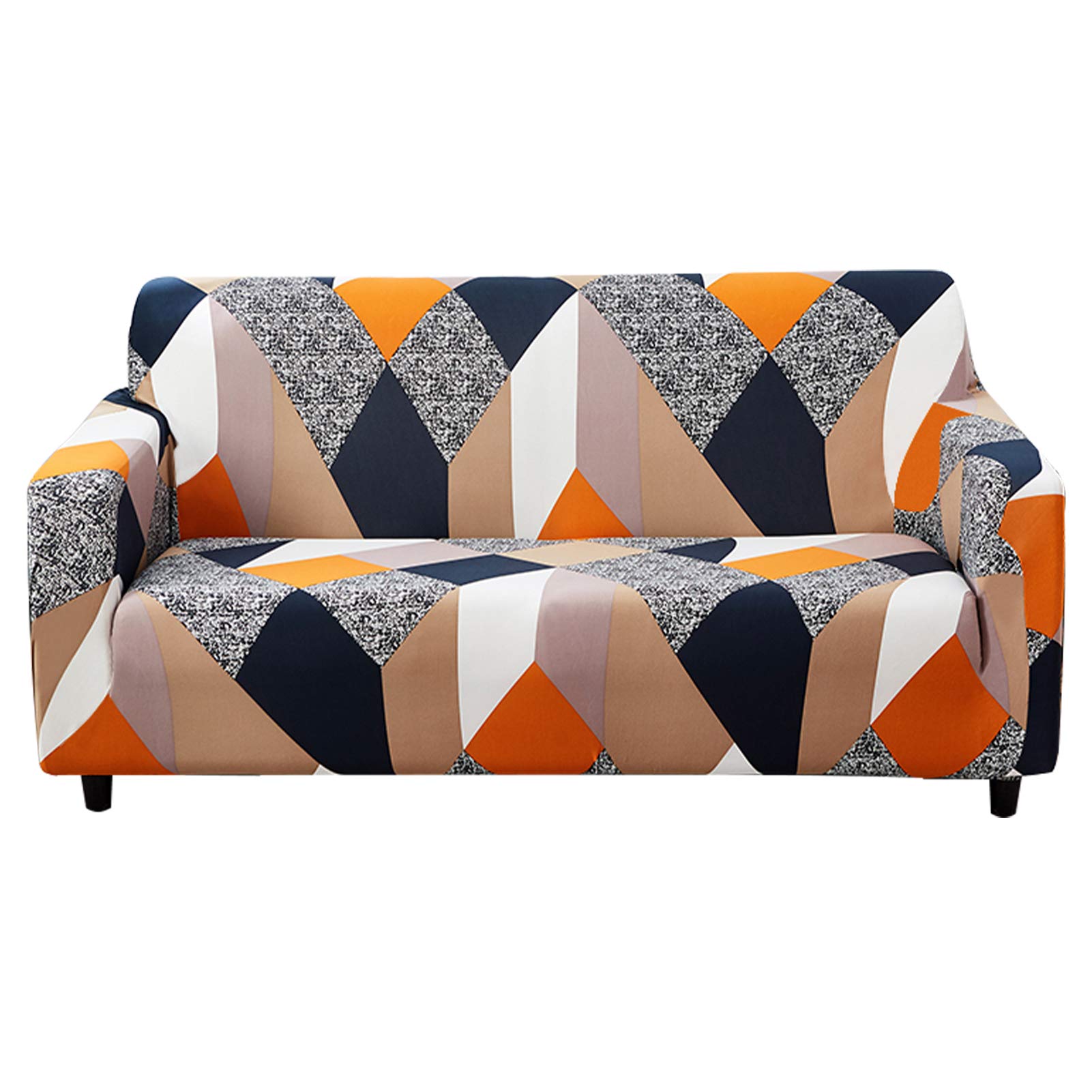 HOTNIU Stretch Sofa Cover Printed Couch Covers Loveseat Slipcovers for 2 Cushion Couches Sofas Elastic Universal Furniture Protector with 1 Pillowcase (Medium, Grey Geometry)