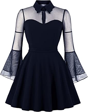          Women's Long Sleeve Sheer Lace Floral Elegant Cocktail Dress Mock Neck Knee Length Flared Swing Evening Dress for Party        