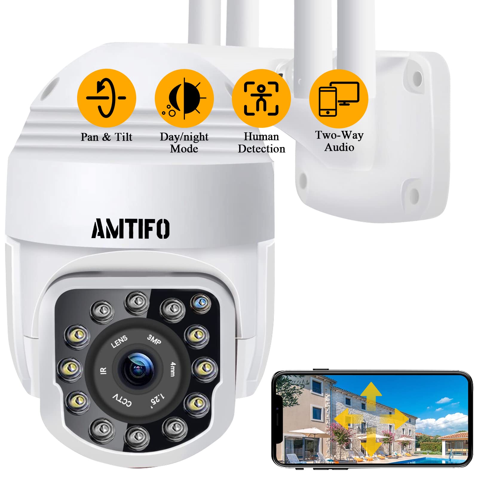 AMTIFO Security Camera Outdoor WiFi 1080P 360° Pan Tilt View Video IP Cam System Motion Detection Home Smart Surveillance Two Way Audio Clear Night Vision W2