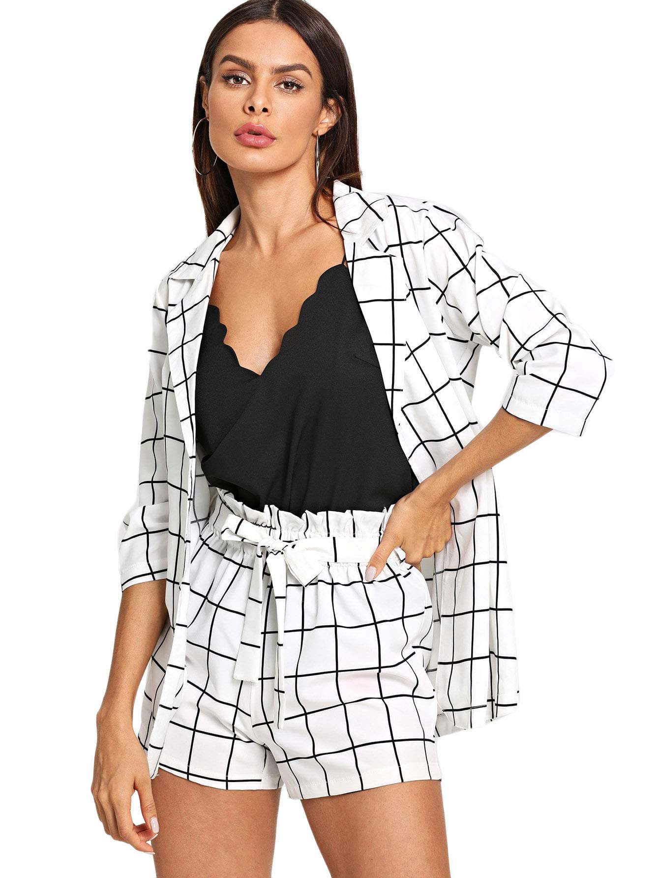 Women's 2 Pieces Outfits Plaid 3/4 Sleeve Blazers and Tie Waist Shorts Set
