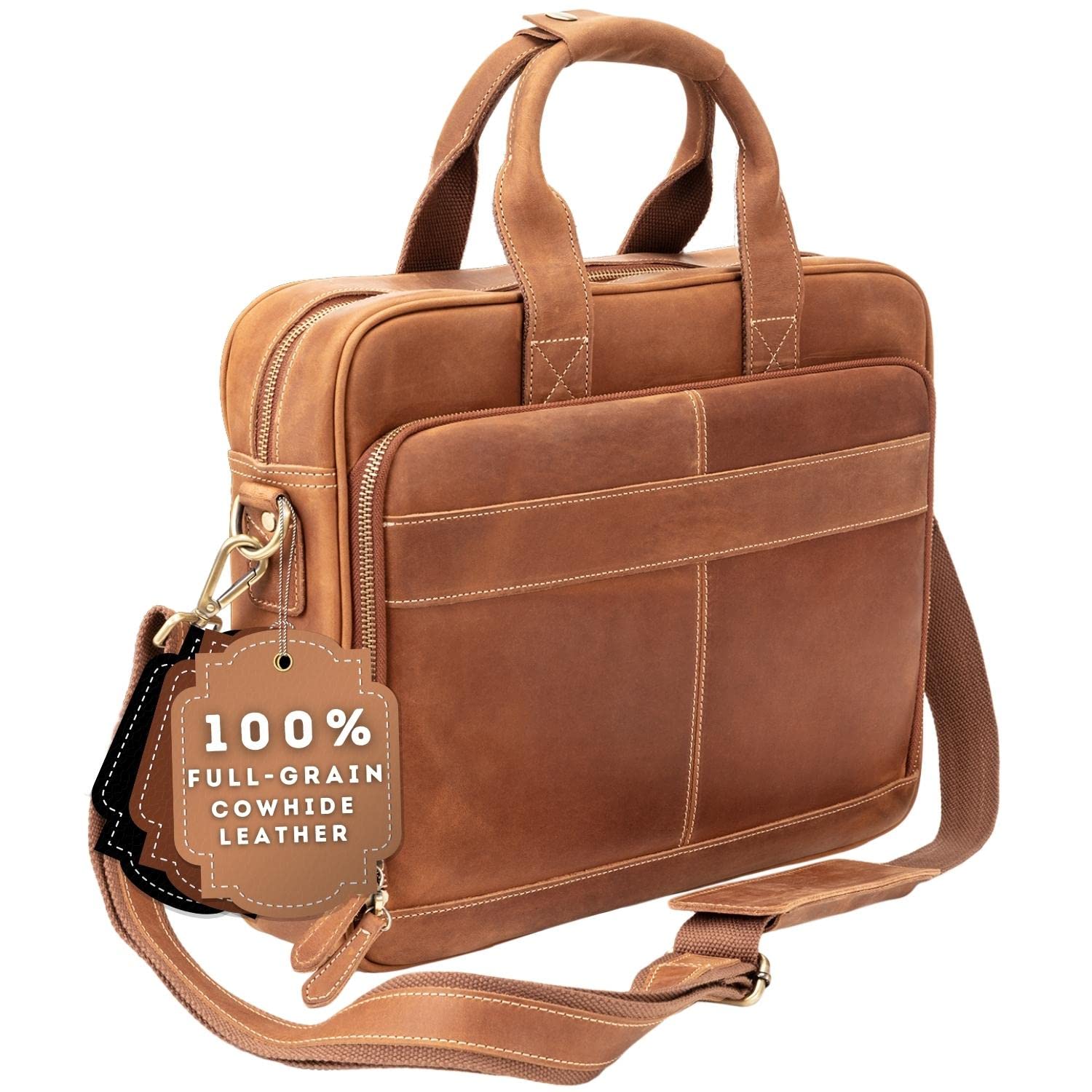 Full Grain Leather Briefcases For Men, Handcrafted Leather Laptop Bag For Men, Our Leather Bags For Men Come In A Beautiful Gift Box, Perfect Christmas Gifts For Men, Brown, Fits 15.6" Laptop