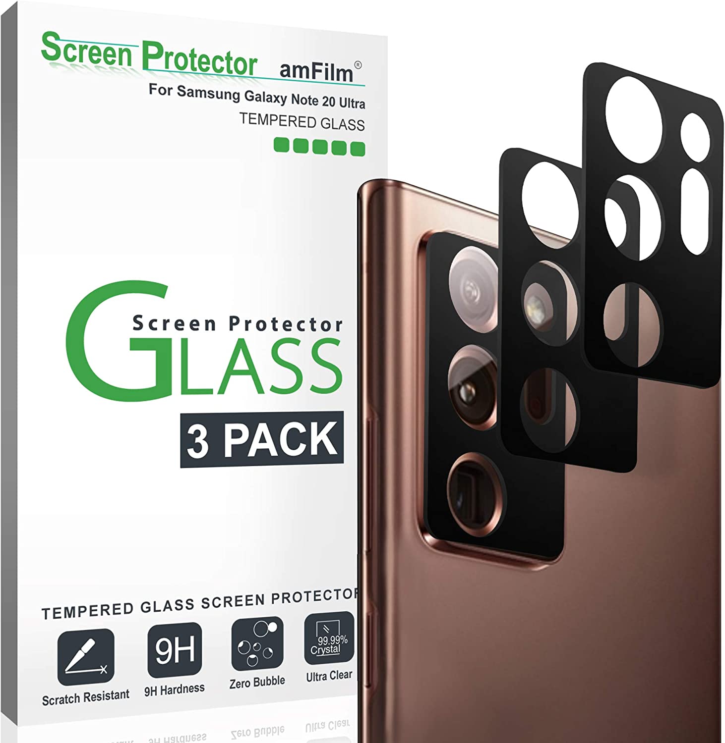         amFilm (3 Pack Camera Protector for Samsung Galaxy Note 20 Ultra, Rear-Facing Camera Tempered Glass Screen Protector (3 Pack, Black)       
