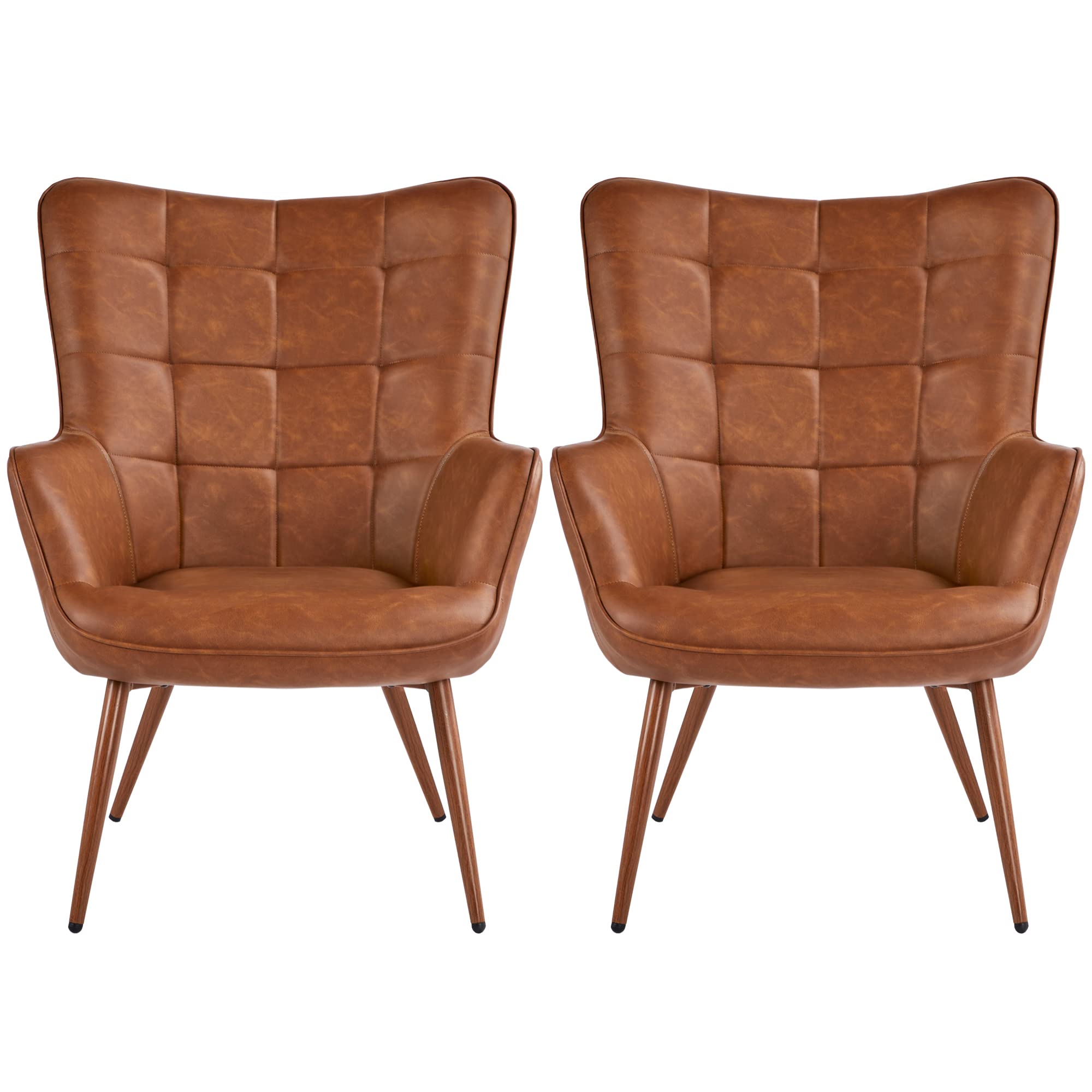 Yaheetech Faux Leather Chair Upholstered Living Room Chairs Accent Armchair with Tapered Legs Tufted Sofa Chairs for Home Office/Dining Room/Bedroom Brown, Set of 2