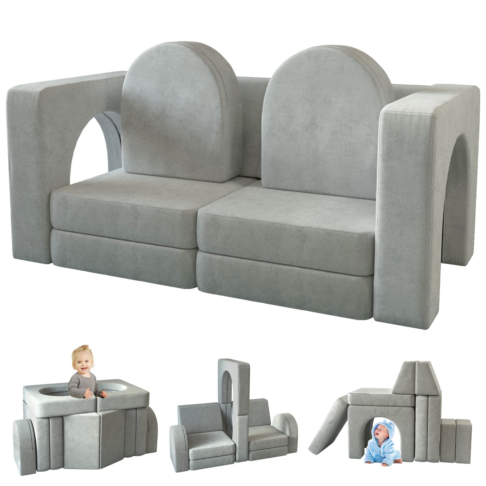 wanan Kids Couch 10PCS, Nugget Couch with Modular Kids Couch for Playroom Bedroom, 10 in 1 Multifunctional Toddler Couch for Playing, Creativing, Sleeping, Indoor Kids Sofa (Grey)