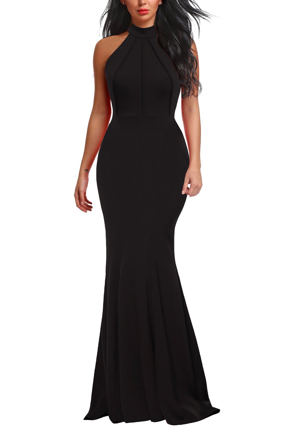 Women's Elegant Chic Halter Neck Sleeveless Solid Stretchy Wedding Guest Mermaid Long Evening Dress