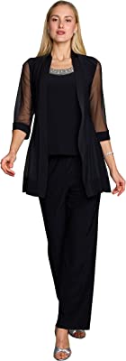 Long Mother of The Bride Formal Pant Suit| Jacket with Shear, 3/4 Length Sleeves, Elegant Slacks