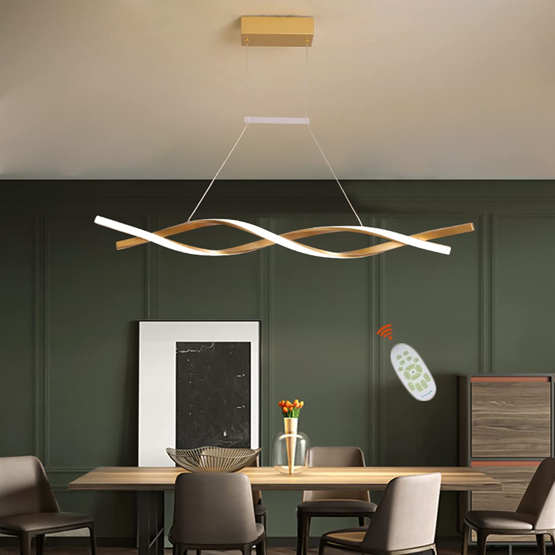 ZipLigting Modern Pendant Lighting Acrylic Stepless Dimmable Transitional Chandelier Led Dimming Ceiling Lamp Wave Hanging Light Contemporary Living Dining Room Kitchen Island with Remote (Gold)