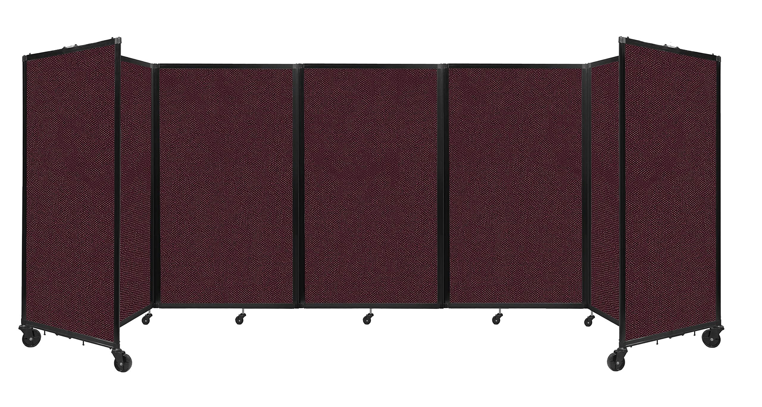 Versare Room Divider 360 Portable Wall Partition | 5 Panels Wide | Freestanding Office Dividers | Locking Wheels | Temporary Room Separator | 14" x 5' Cranberry Fabric Panels