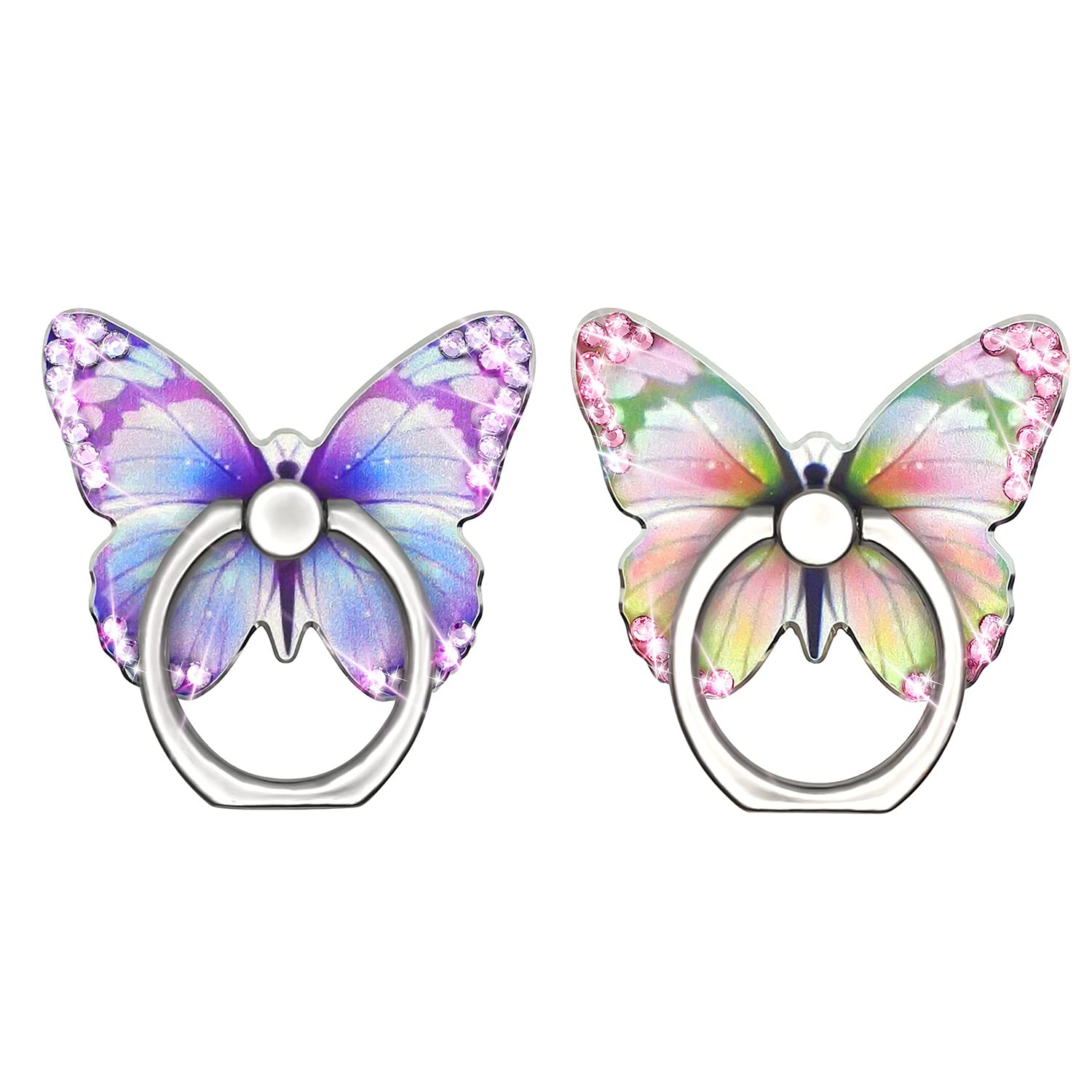 Bling Cute Butterfly Cell Phone Ring Holder with Crystal Rhinestone 360°Rotation Metal Finger Stand Kickstand Universal Compatible with iPhone Samsung Galaxy LG Google iPad 2 Pack（Purple & Pink）