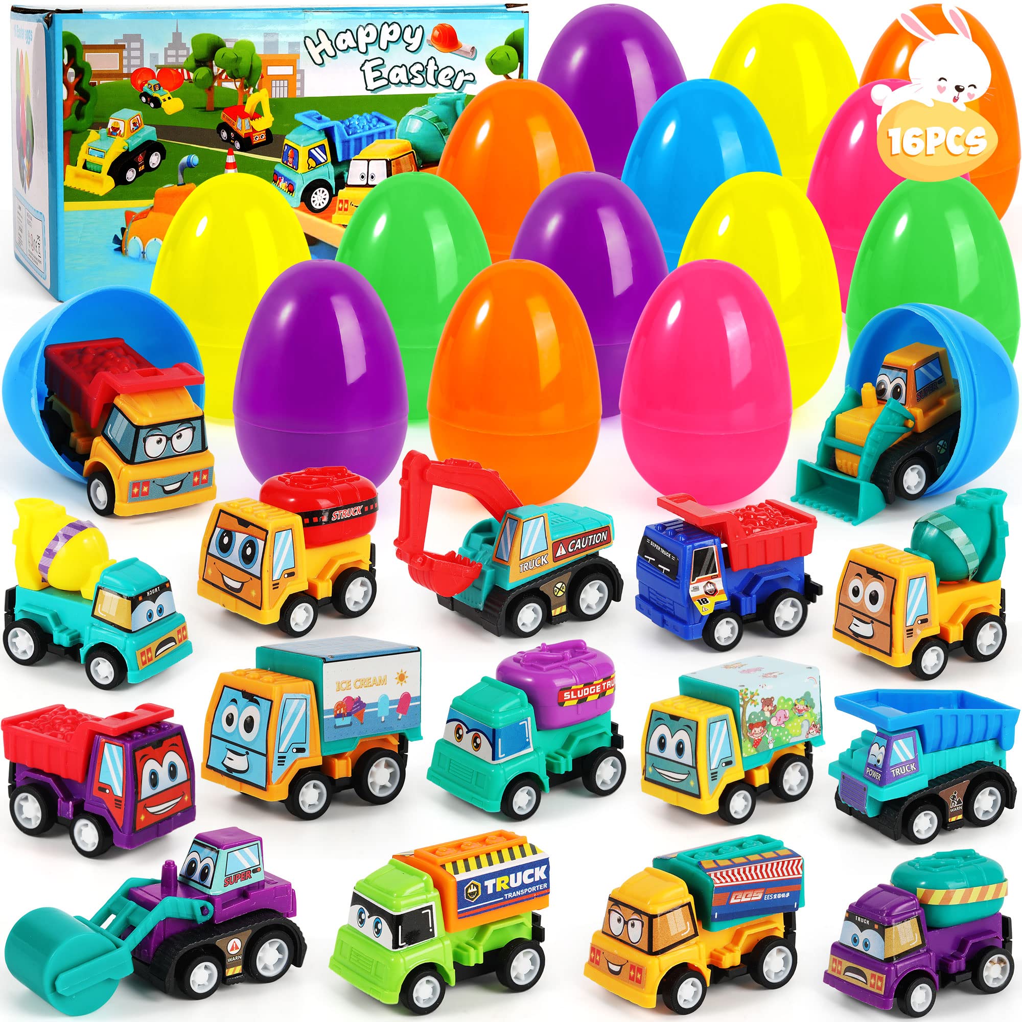 16 Prefilled Easter Eggs with Toys Inside - Prefilled Easter Eggs with Pull-Back Engineering Car Vehicles Toys for Kids Easter Gifts, Easter Basket Stuffers,Easter Egg Hunt Party Favors